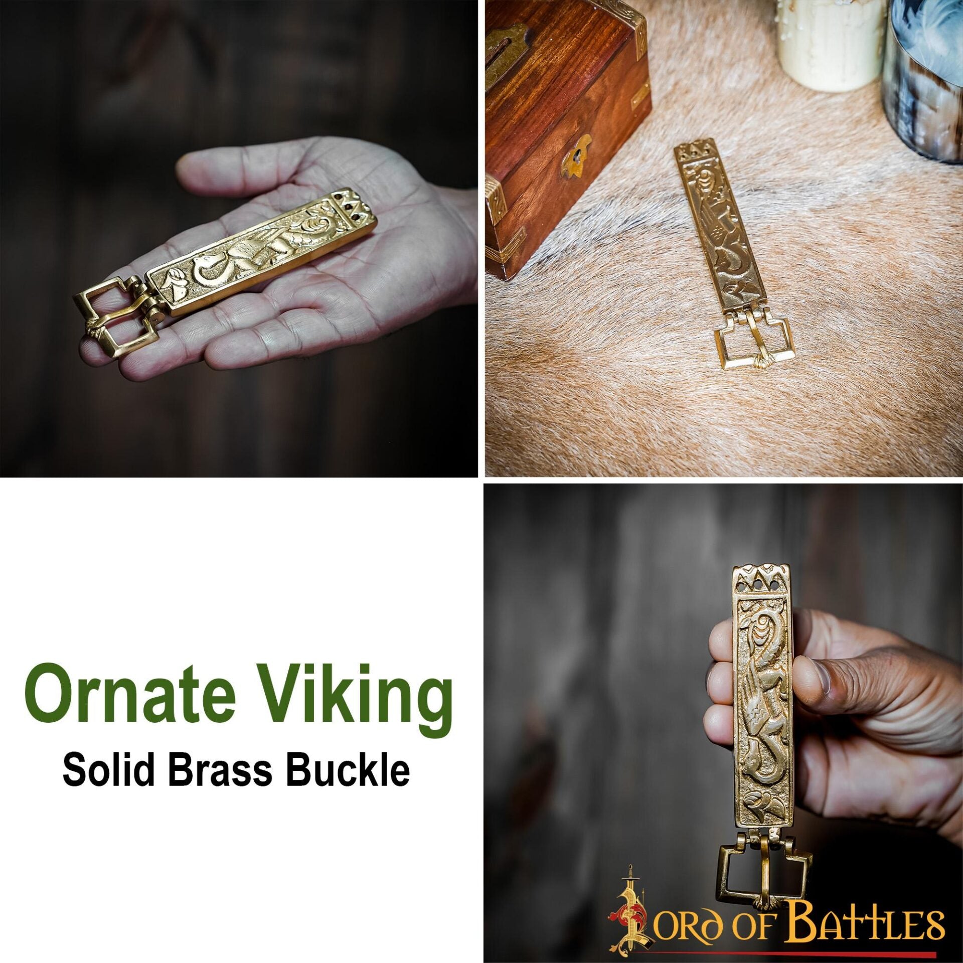 Imagen única de: Hebilla de Cinturón Vikinga de Latón Macizo con Forma de Dragón - Diseño Nórdico Grabado