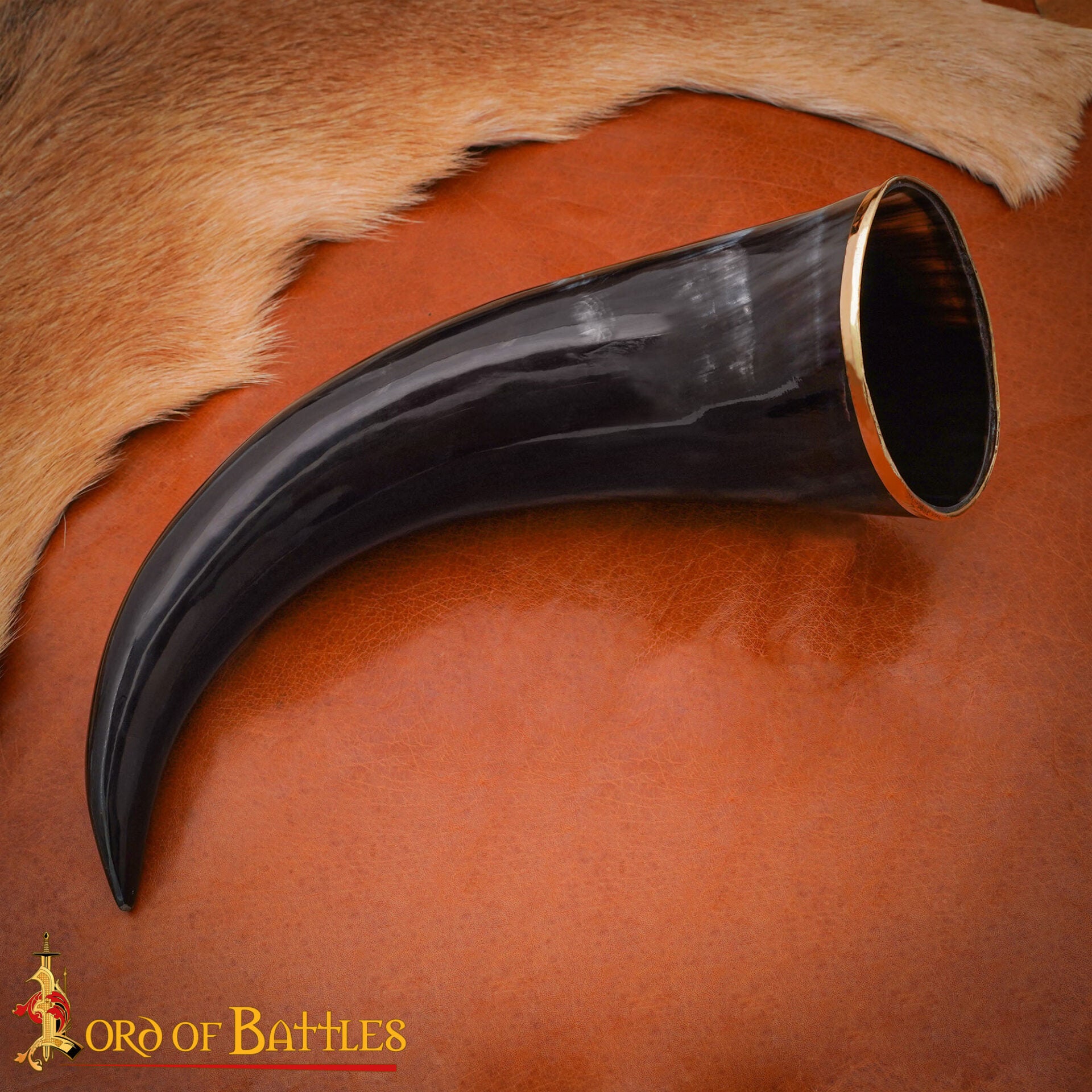 Cuerno vikingo pulido de búfalo con borde de latón - imagen 5