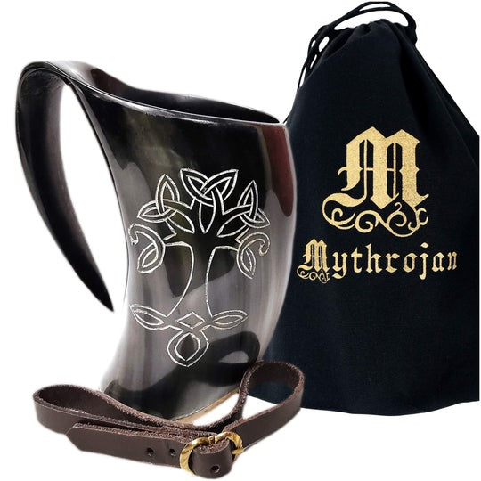 Cuerno de beber vikingo 600 ml — Árbol de la Vida y correa de cuero