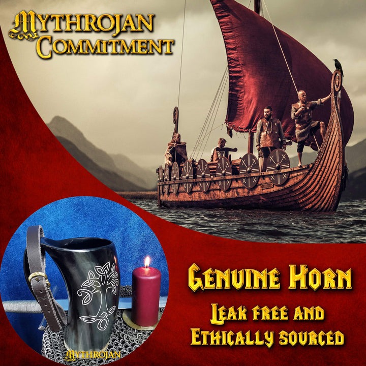 Cuerno de beber vikingo 600 ml — Árbol de la Vida y correa de cuero - imagen 7