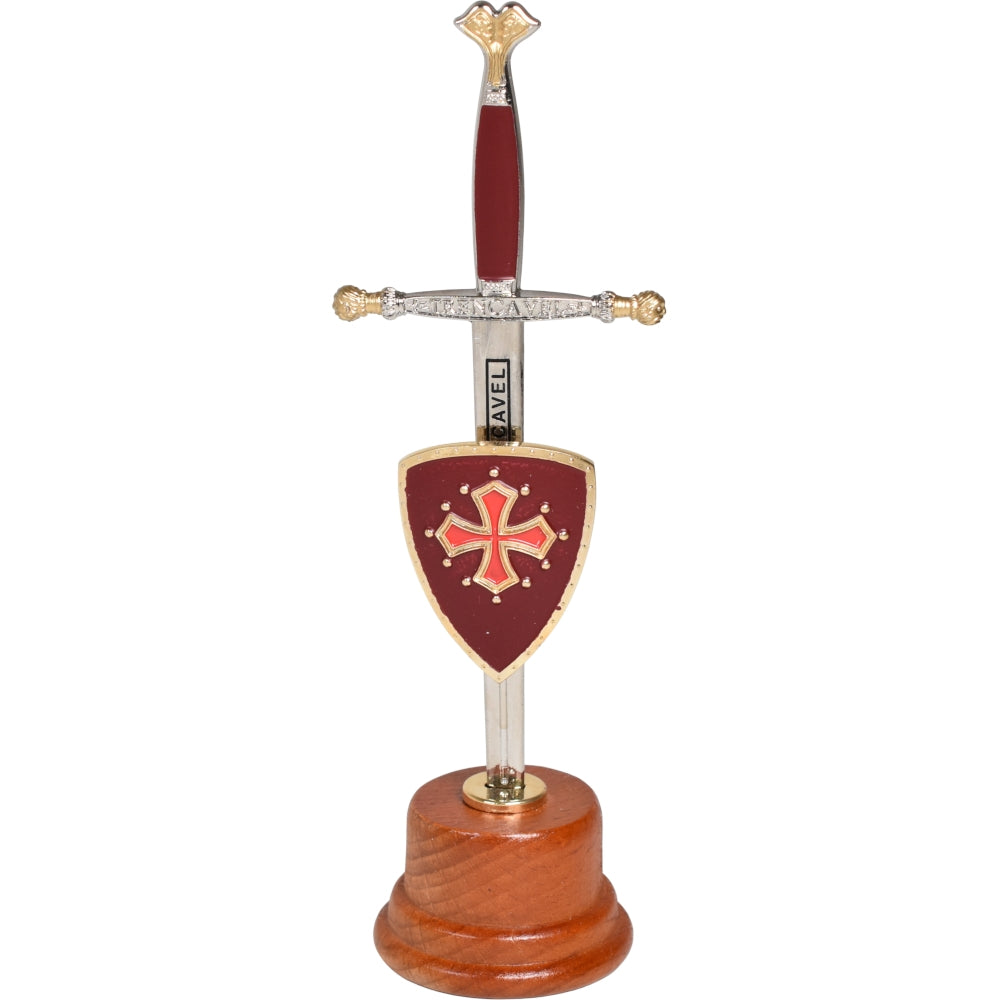 Espada Trencavel en miniatura con soporte de madera y escudo burdeos con cruz occitana