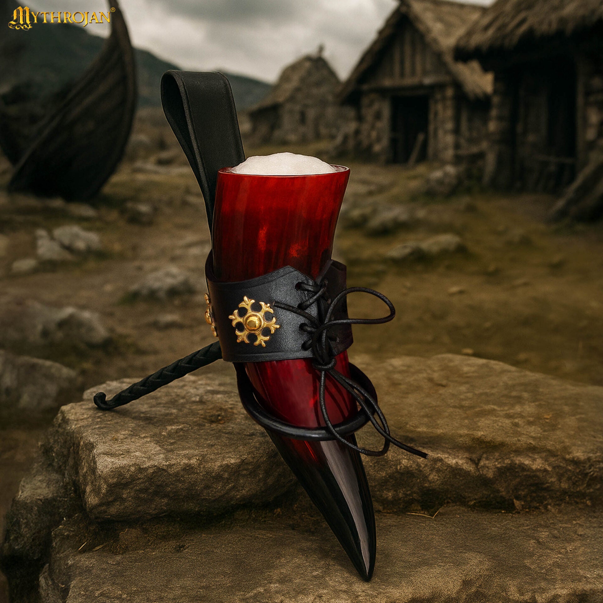 Imagen única de: Taza Medieval – Cuerno Vikingo 400 ml Pulido con Soporte de Cuero Negro Rojo