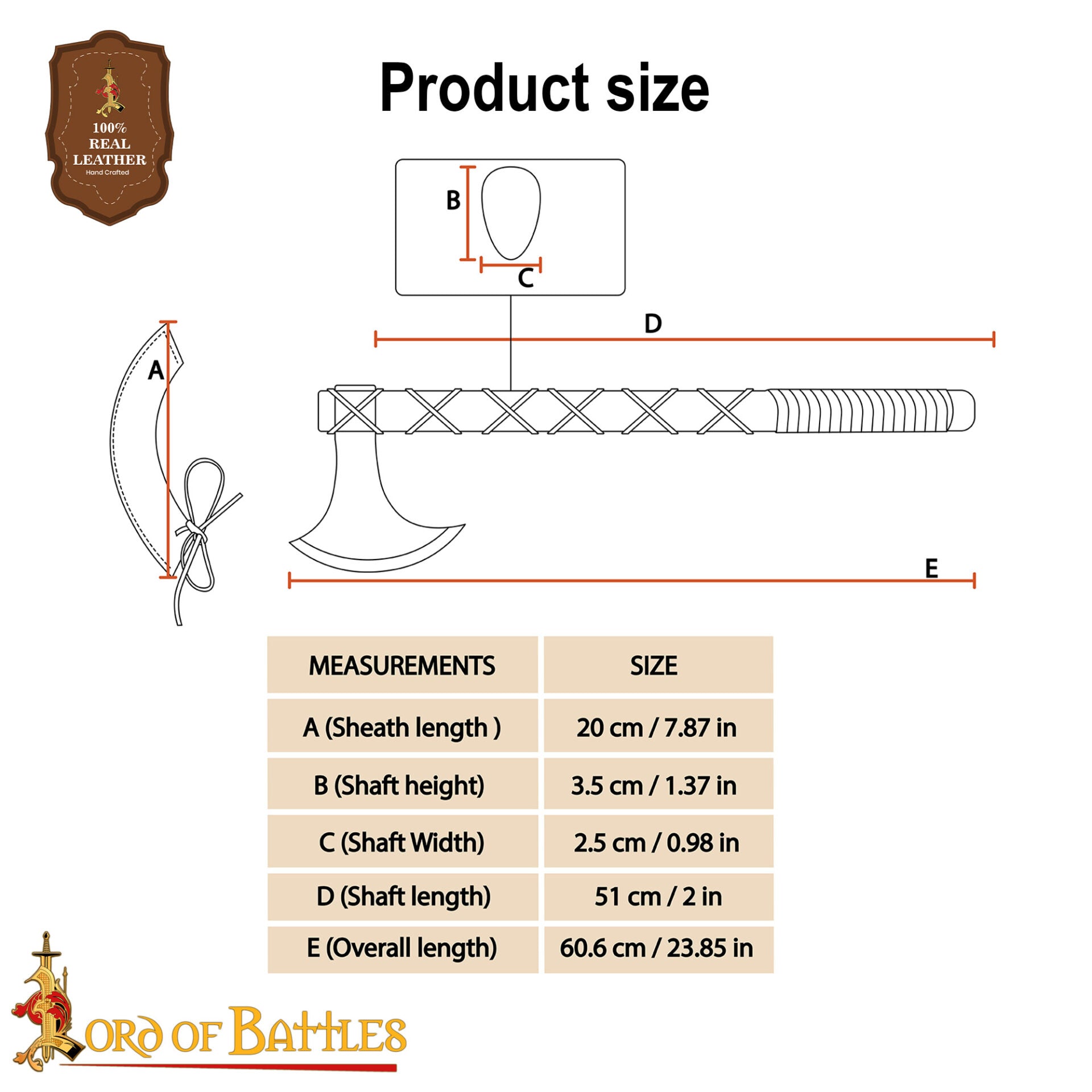 Hacha Vikinga Forjada a Mano - Cabeza de Acero Al Carbono con Mango de Madera Dura y Forrado de Cuero Auténtica Hacha de Batalla Nórdica para Larp, Camping y Exhibición - Imagen 3