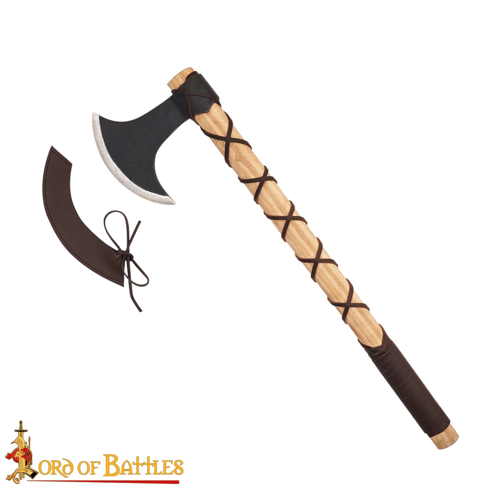 Hacha Vikinga Forjada a Mano - Cabeza de Acero Al Carbono con Mango de Madera Dura y Forrado de Cuero Auténtica Hacha de Batalla Nórdica para Larp, Camping y Exhibición - Imagen 4