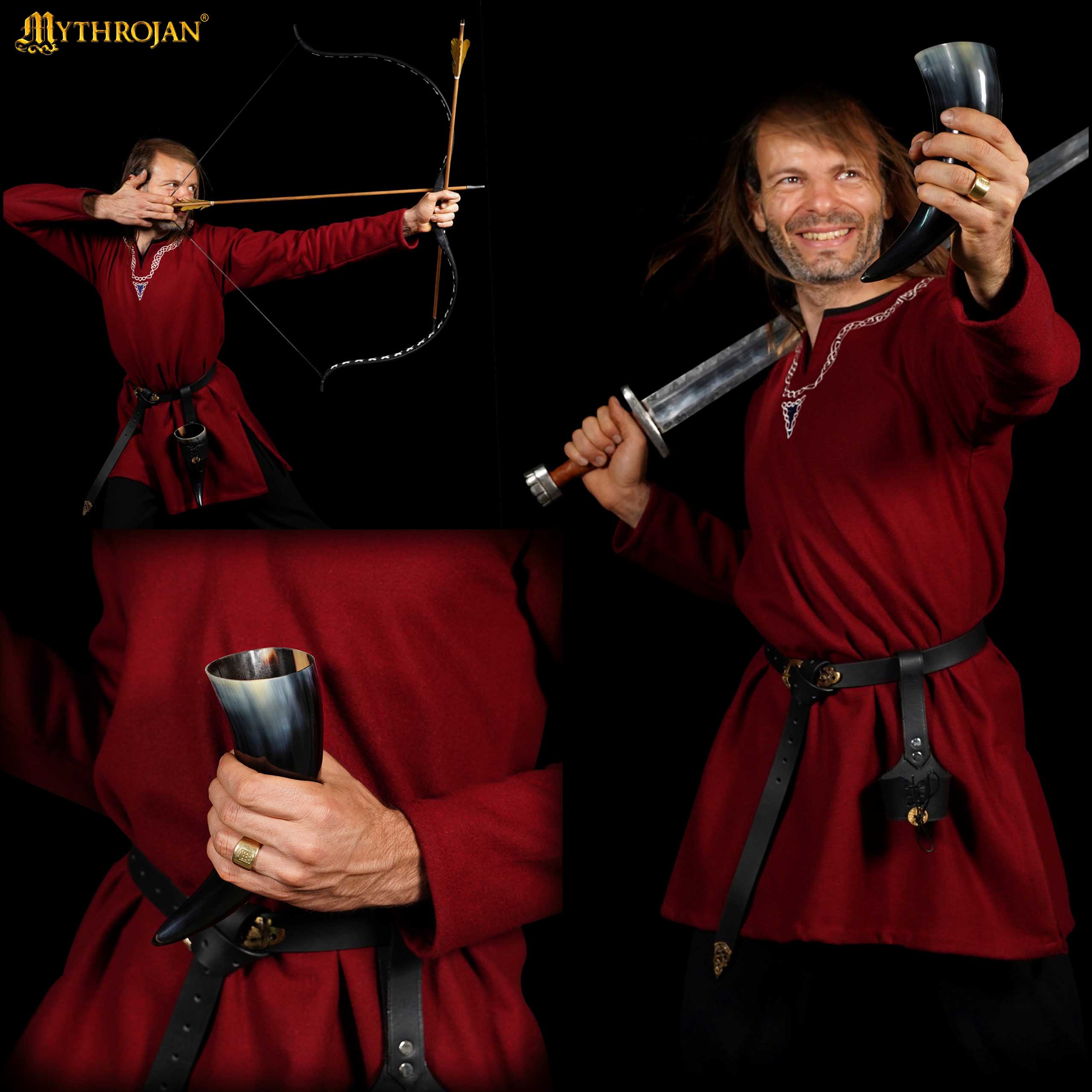 Cuerno vikingo para beber con soporte de cuero y medallón de latón - imagen 6