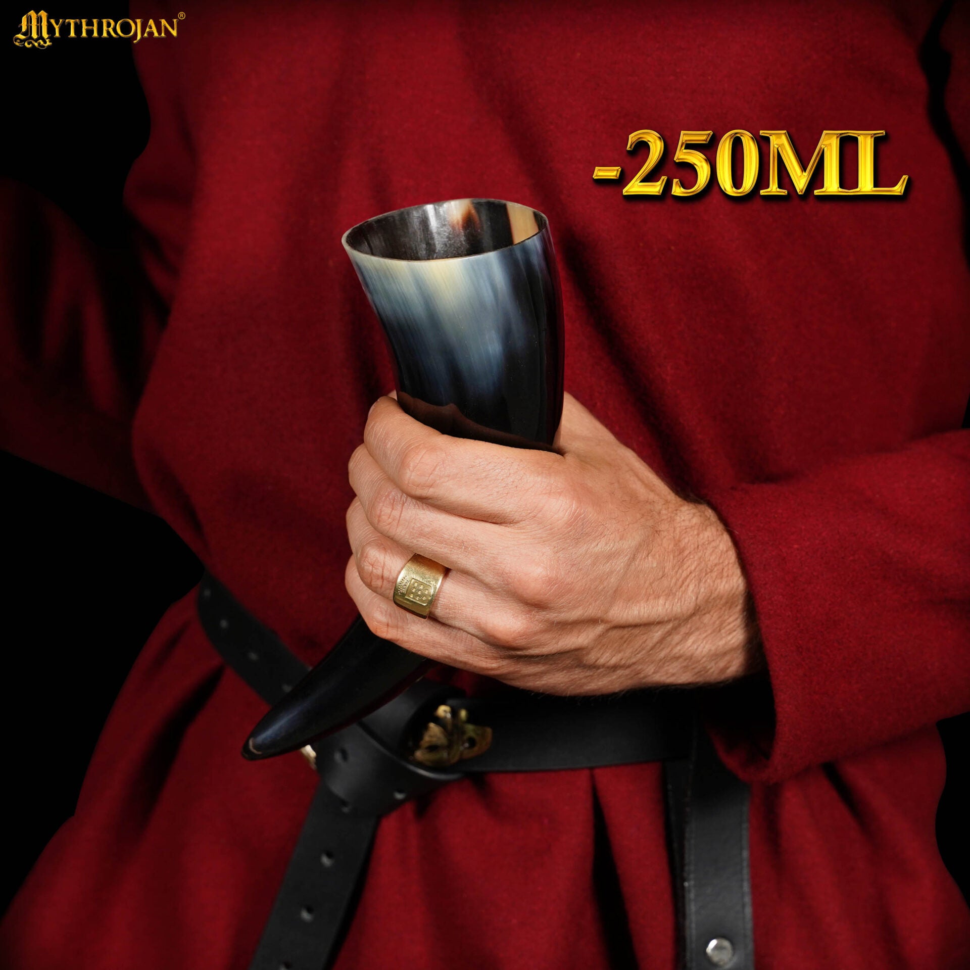 Cuerno vikingo para beber con soporte de cuero y medallón de latón - imagen 11