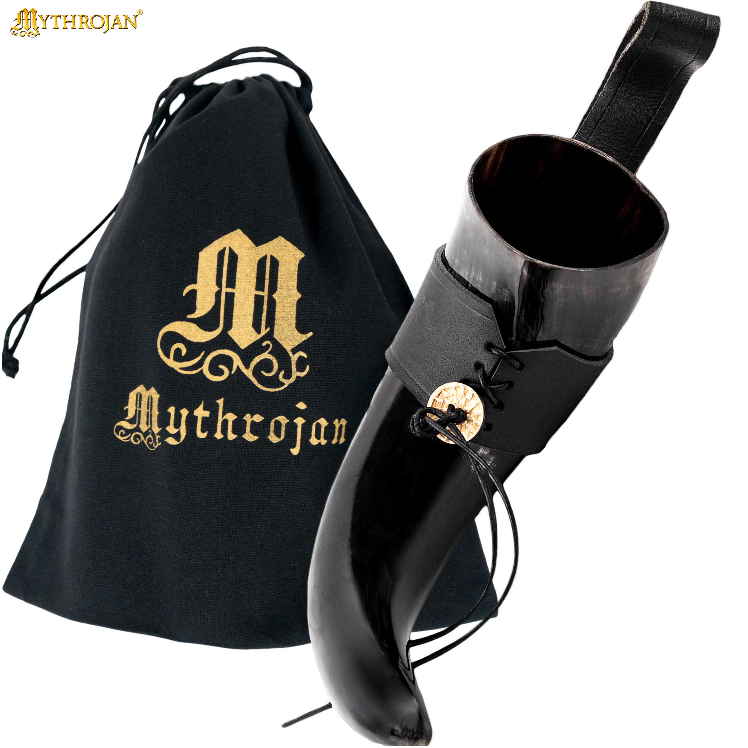 Cuerno vikingo para beber con soporte de cuero y medallón de latón - imagen 18
