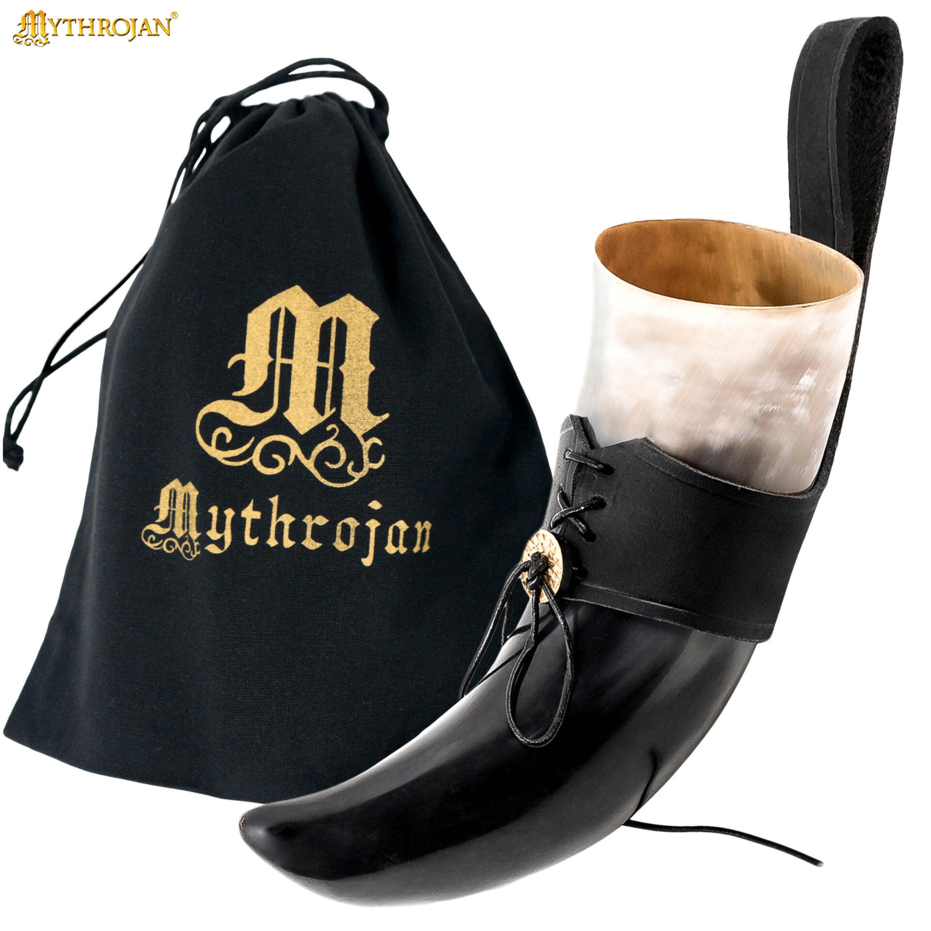 Cuerno vikingo para beber con soporte de cuero y medallón de latón - imagen 9