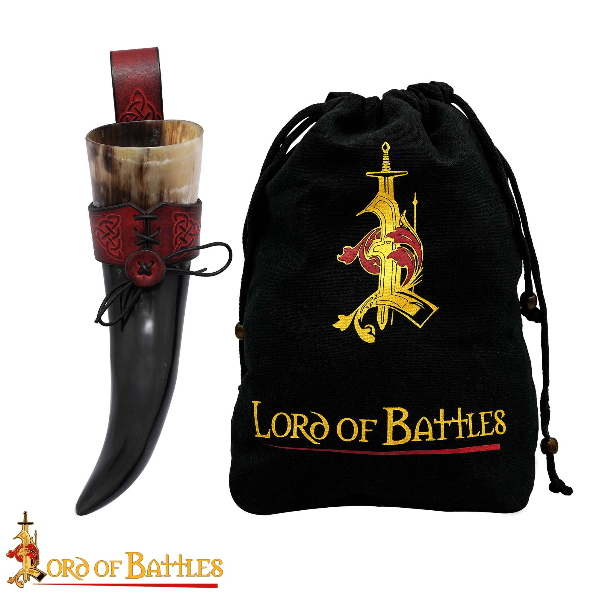 Cuerno de beber vikingo con funda de cuero y porta cinturón con nudo celta - imagen 51