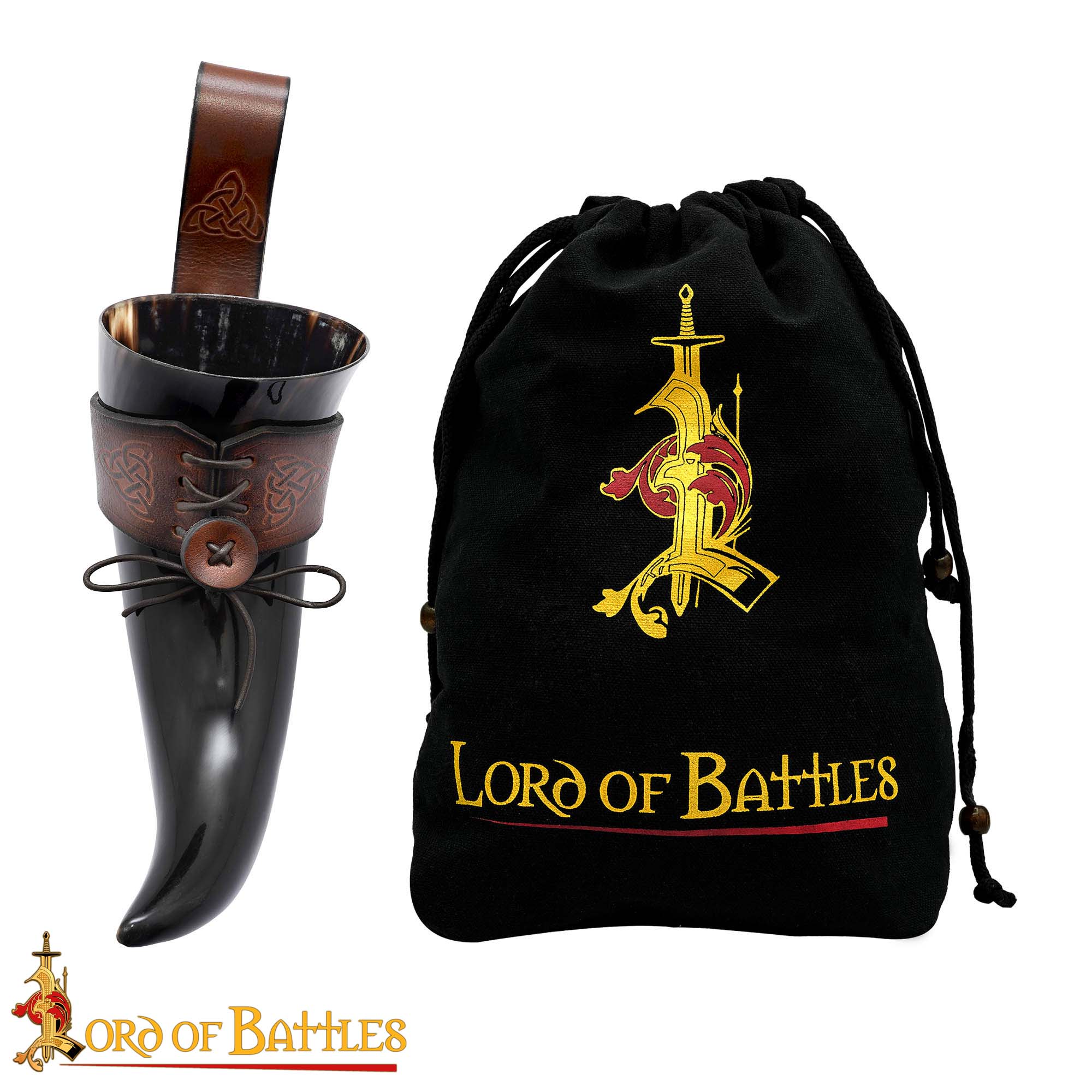 Cuerno de beber vikingo con funda de cuero y porta cinturón con nudo celta - imagen 40