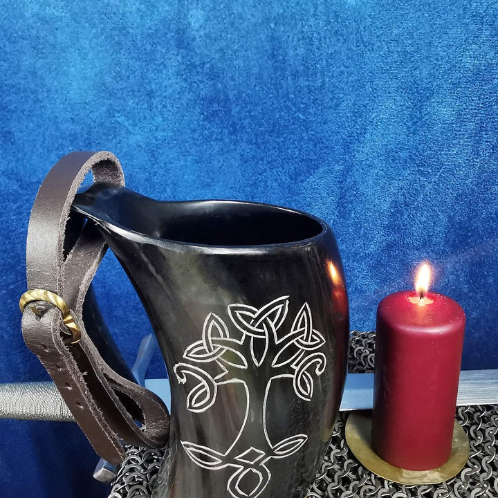 Cuerno de beber vikingo 600 ml — Árbol de la Vida y correa de cuero - imagen 3