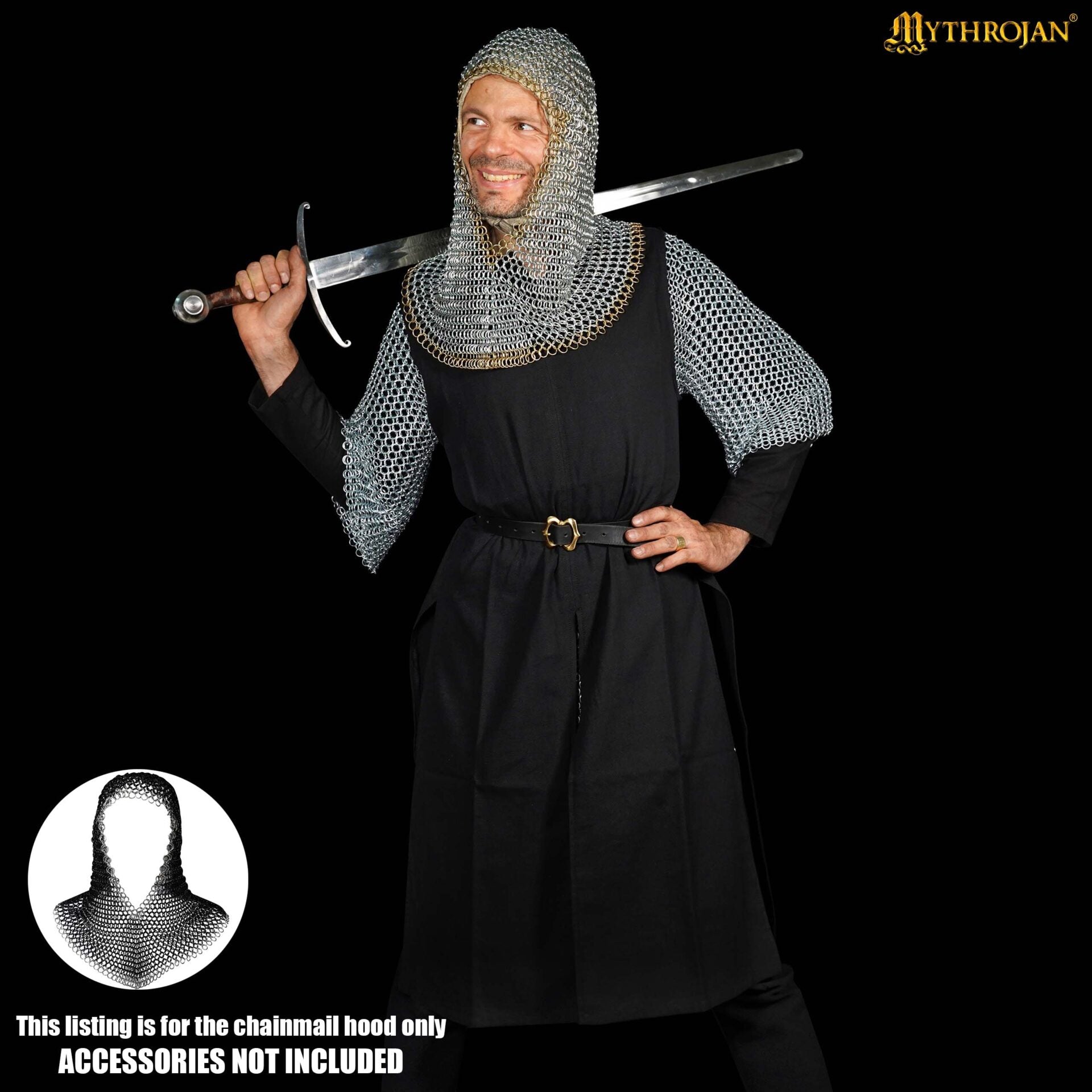 Imagen única de: Cofia Medieval de Cota de Malla - Acero Dulce con Remates de Latón Macizo | Capucha Cincada para Sca, Larp