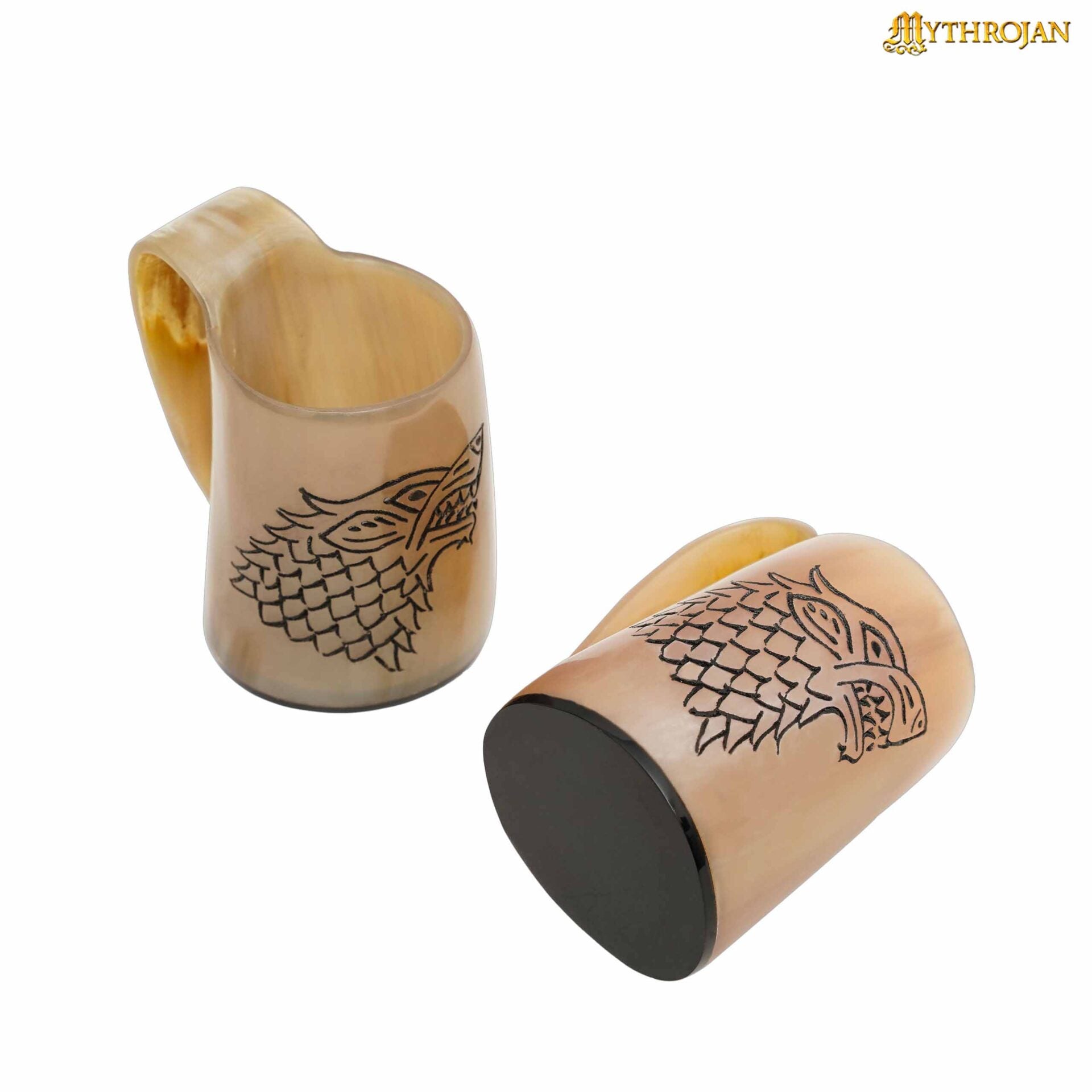 Set de 2 jarras tipo cuerno vikingas con diseño Fenrir, 3.2" (150–200 ml)