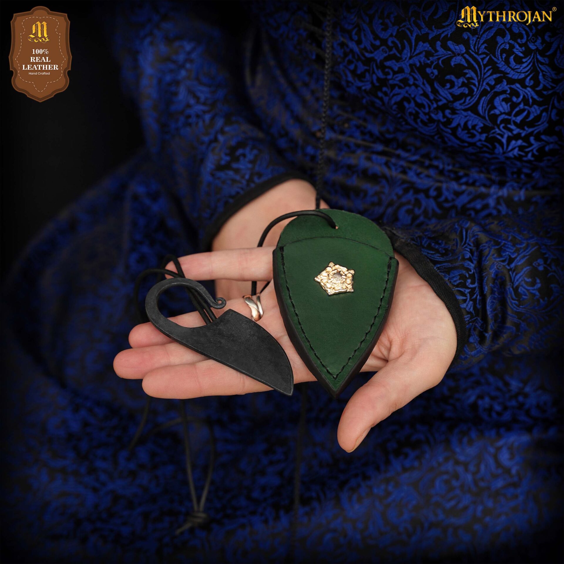 Cuchillo celta de anillo forjado a mano con funda de cuero - Verde