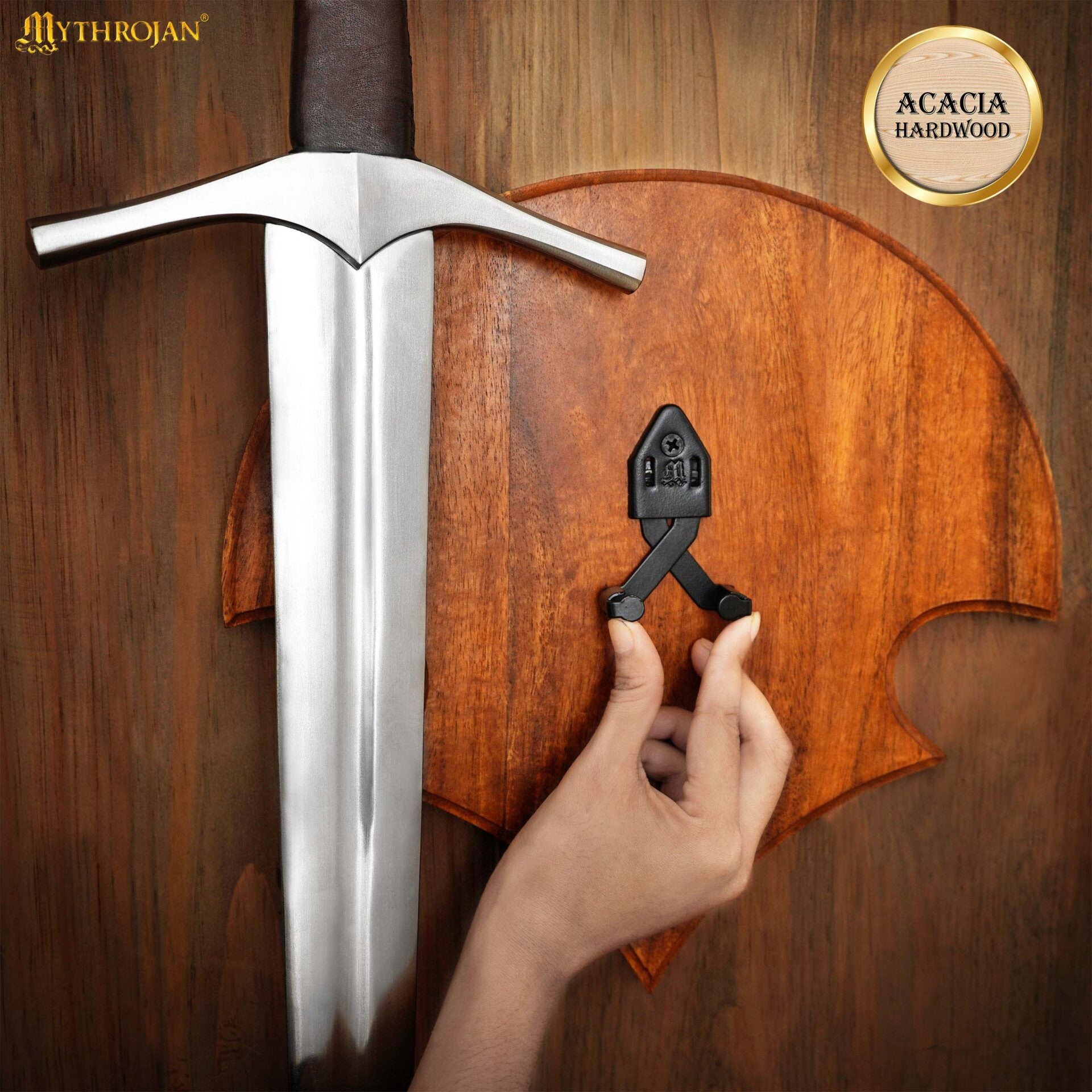 Placa de pared para espada en madera de acacia con soporte de acero - imagen 3