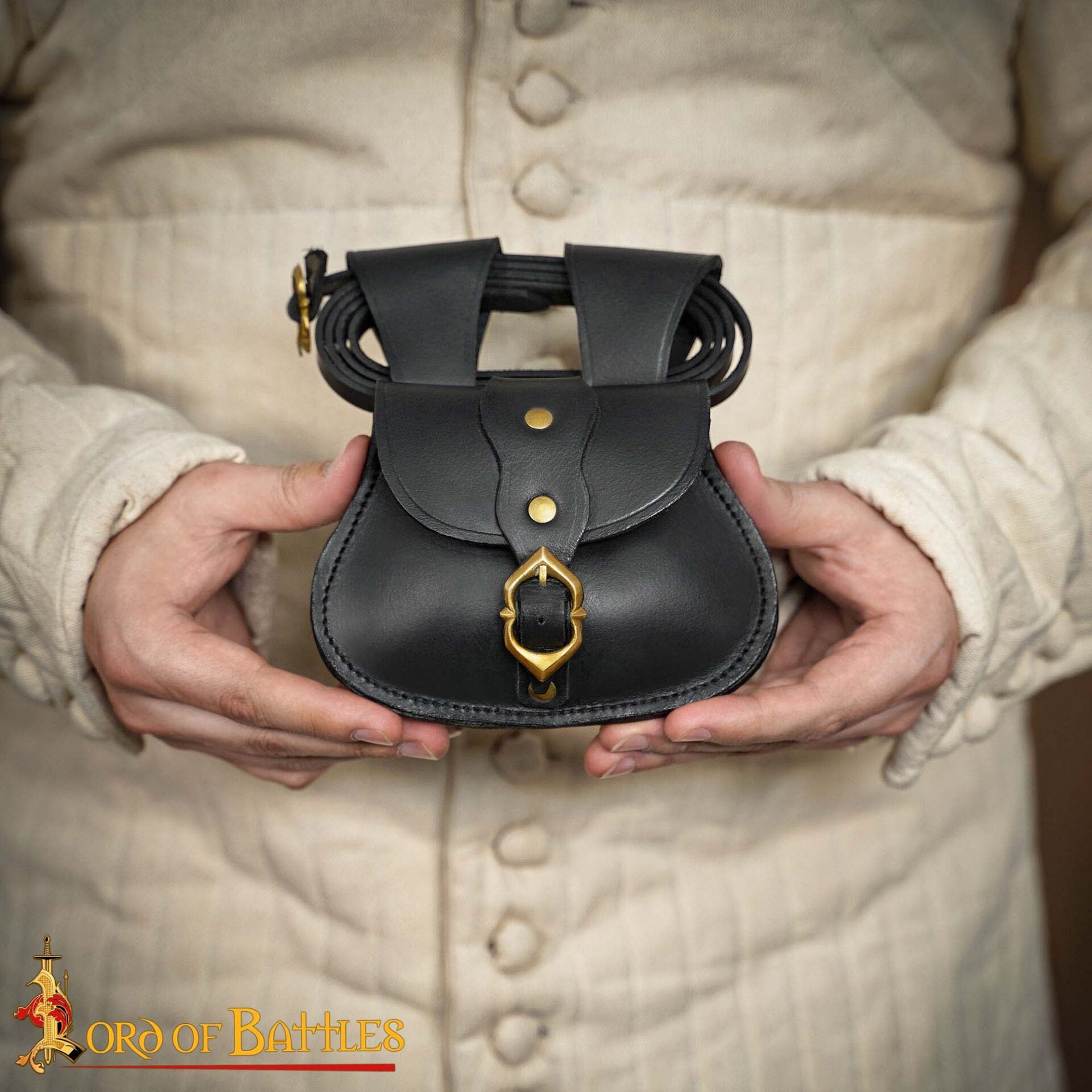 Bolsa de cinturón medieval en cuero con hebilla de latón y cinturón a juego - imagen 16