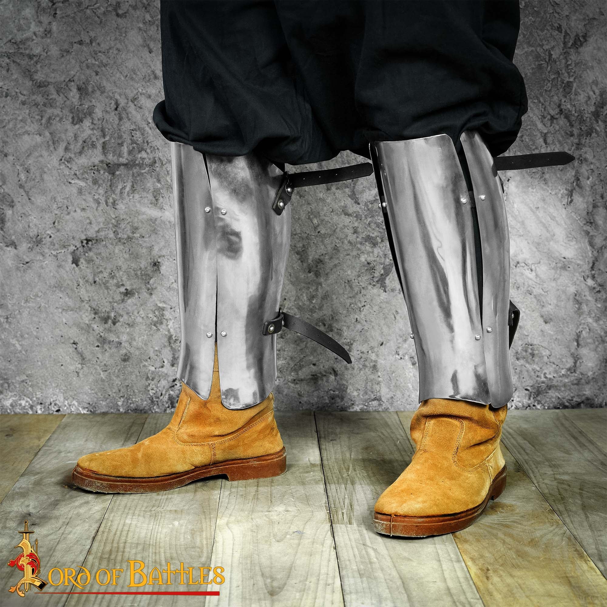 Grebas Medievales de Tres Placas de Acero - Armadura de Piernas Pulida de Calibre 16 con Correas de Cuero - Imagen 2