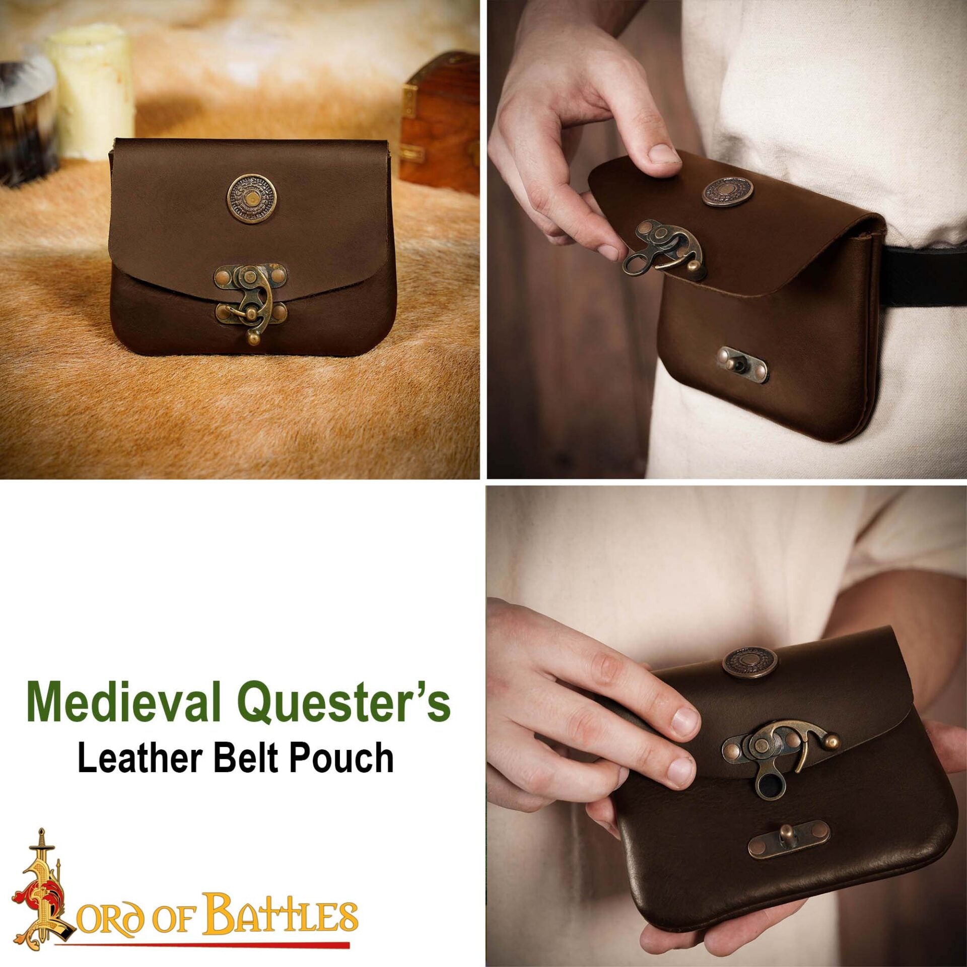 Bolsa de cinturón medieval en cuero 3 mm con latón envejecido - imagen 6
