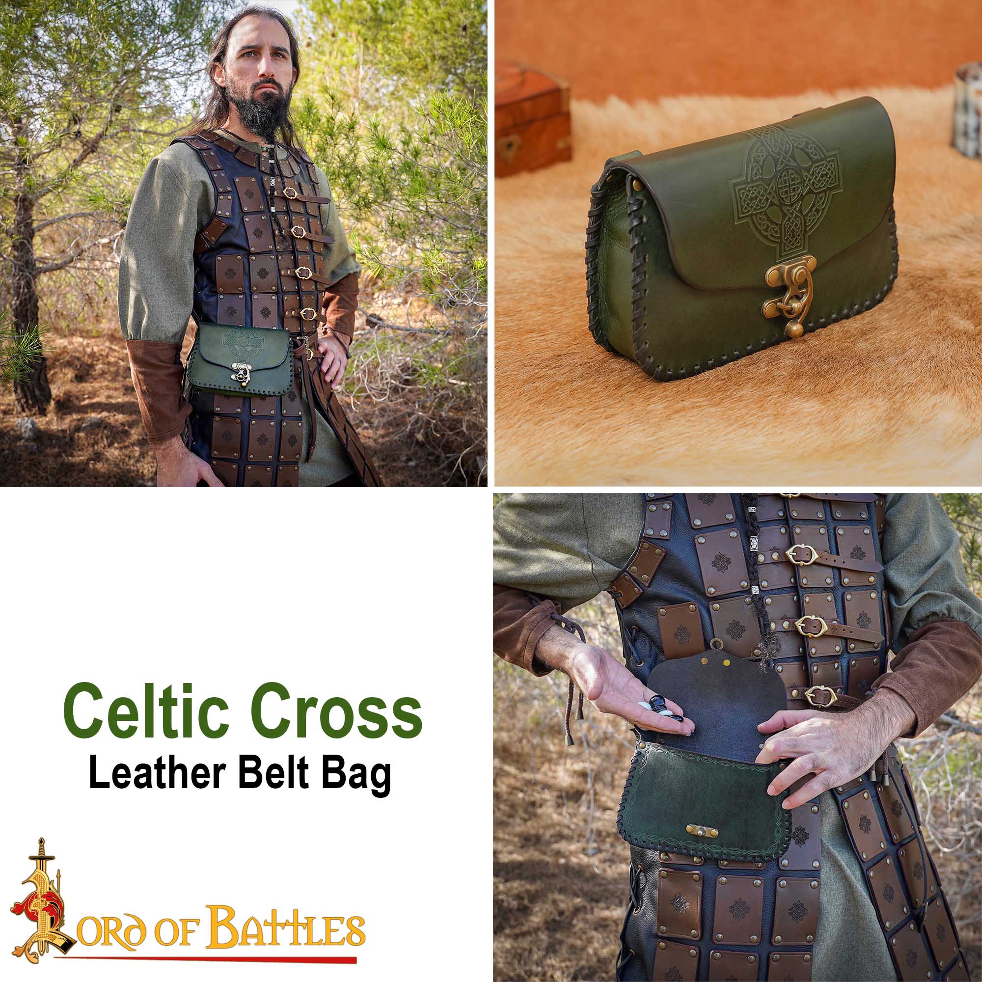 Bolsa de cinturón medieval de cuero genuino con cruz celta grabada — hecha a mano - imagen 10
