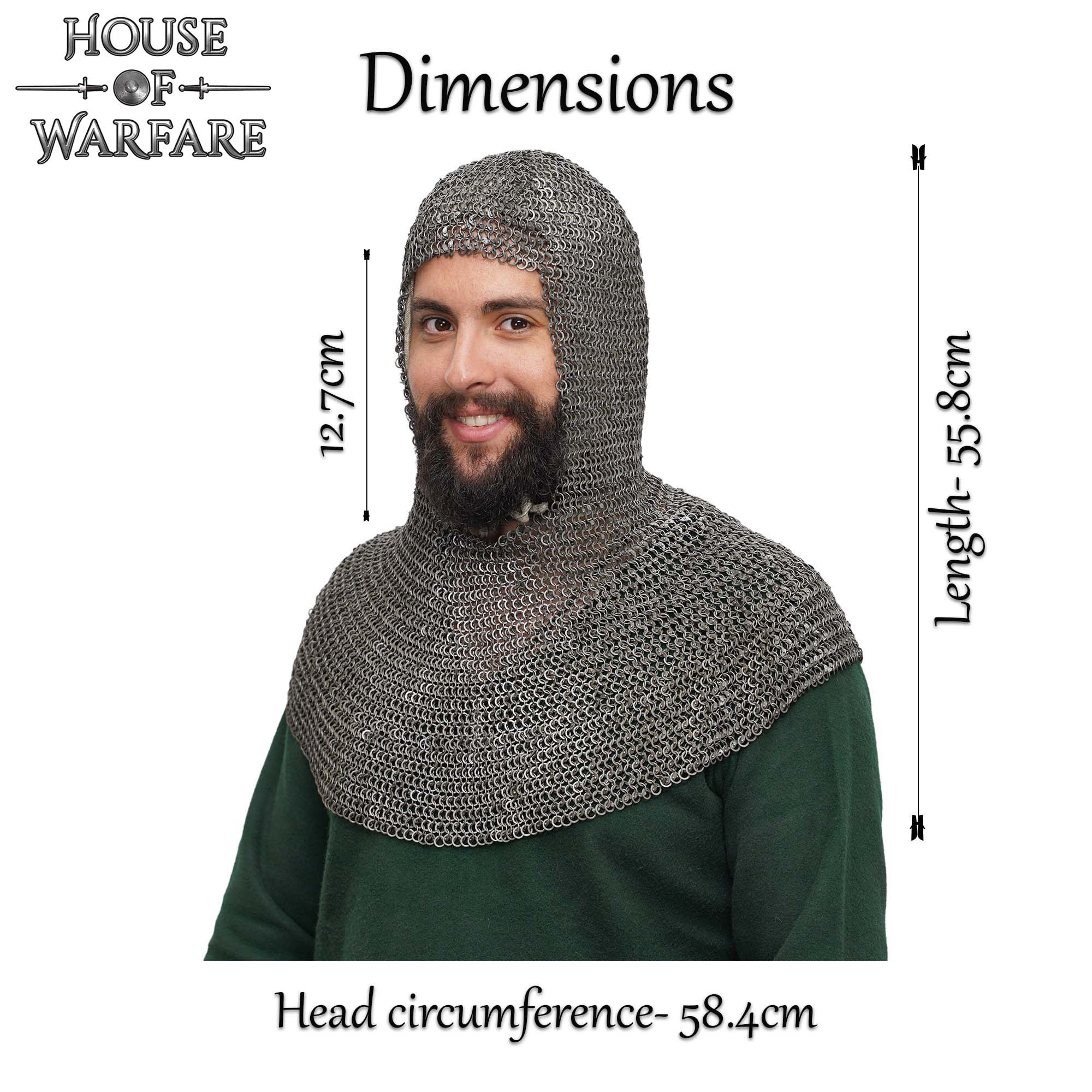 Cofia de Cota de Malla con Anillos Redondos Remachados de 6 Mm y Anillos Sólidos Planos Alternos, Acero Dulce de Calibre 18 - Capucha de Armadura Medieval para Larp, Cosplay y Disfraces de Cine - Discontinued - Imagen 3