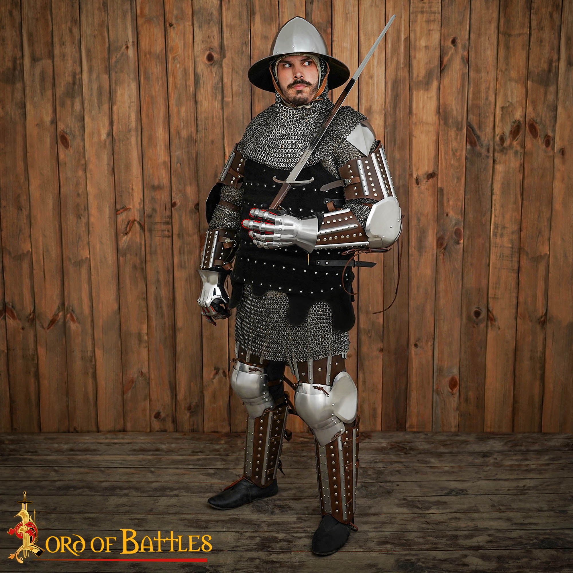 Imagen única de: Armadura Medieval de Piernas Entablilladas - Acero Pulido Calibre 16 con Correas de Cuero - Ajuste Regulable