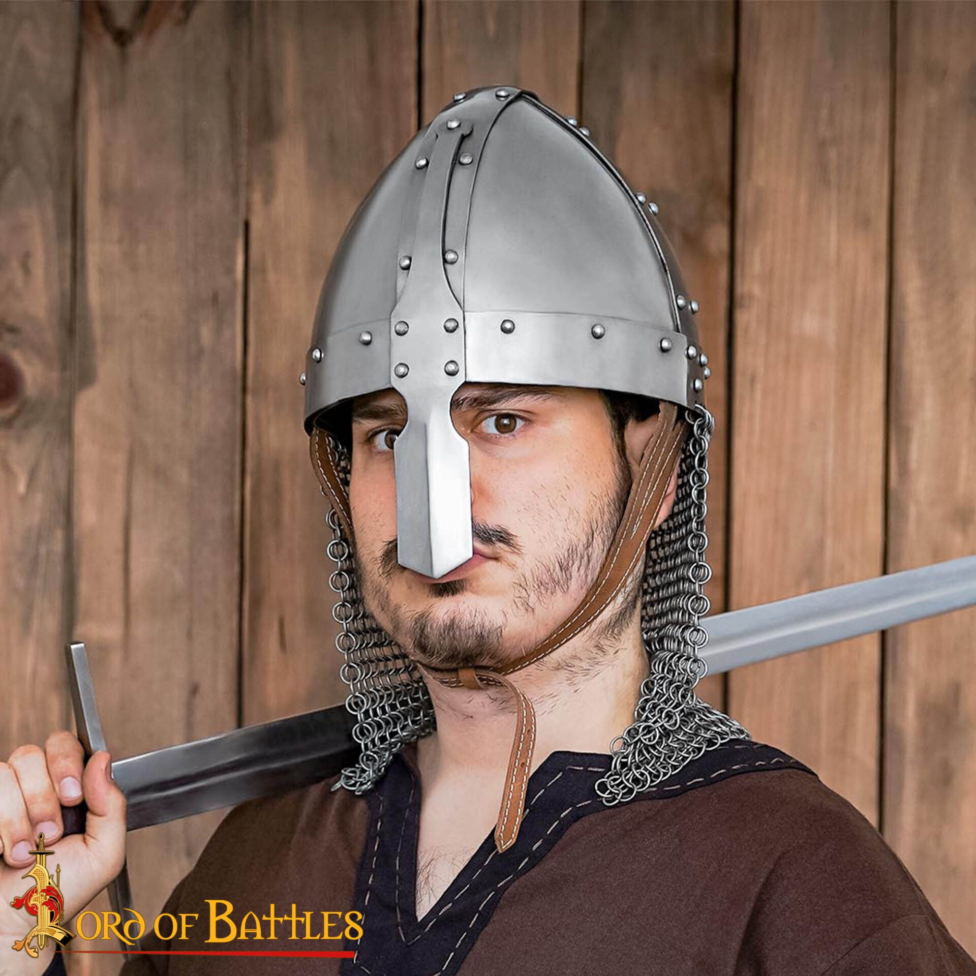 Imagen única de: Casco Medieval Normando Nasal de Acero con Corail de Cota de Malla 16 Calibre