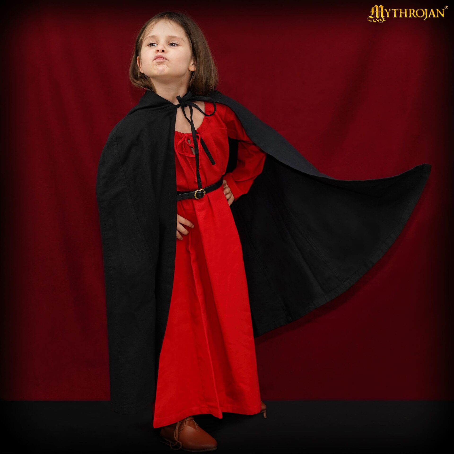 Capa medieval con capucha 100% algodón para LARP y recreación - Negro - kids-110