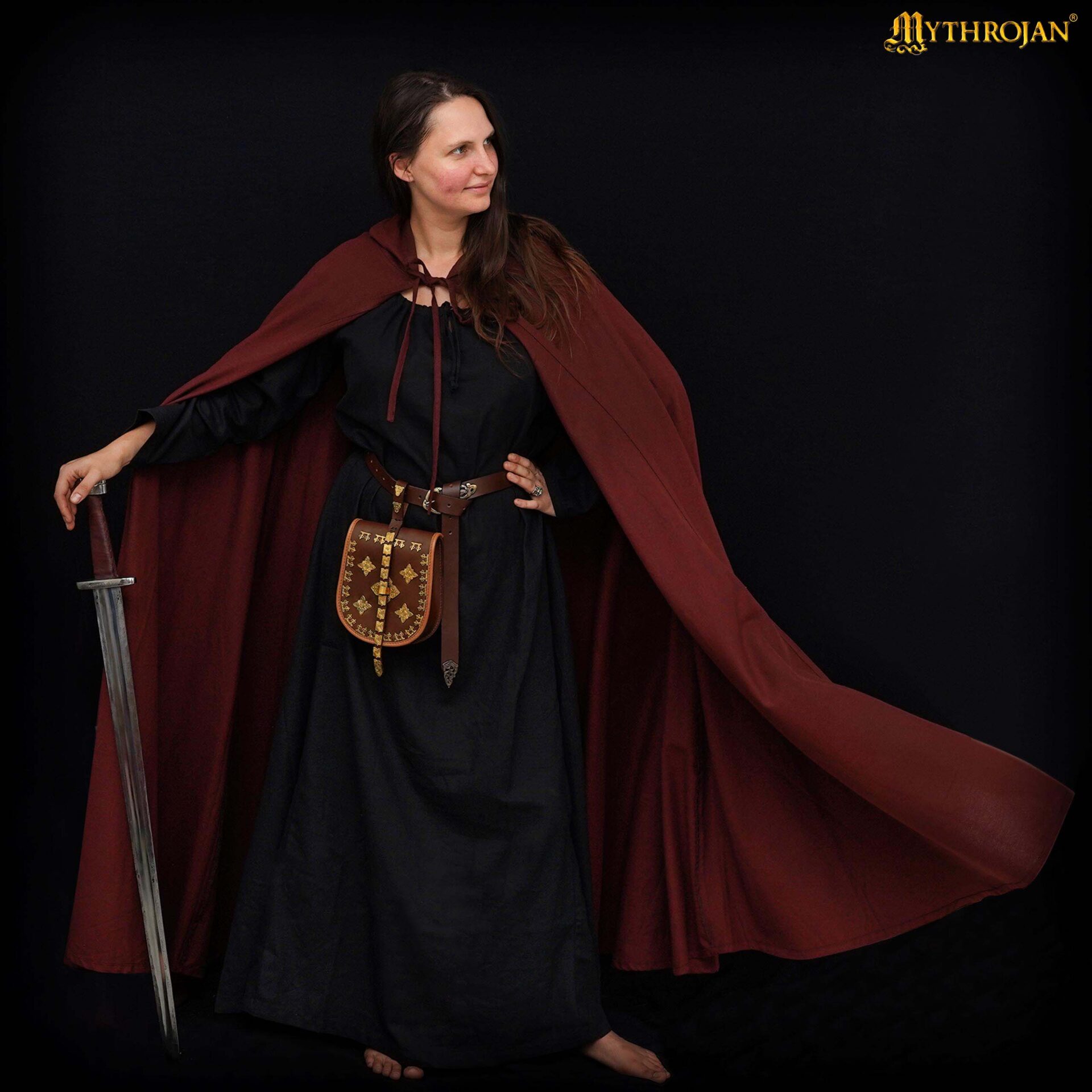 Capa medieval con capucha 100% algodón para LARP y recreación - Marrón - Adultos