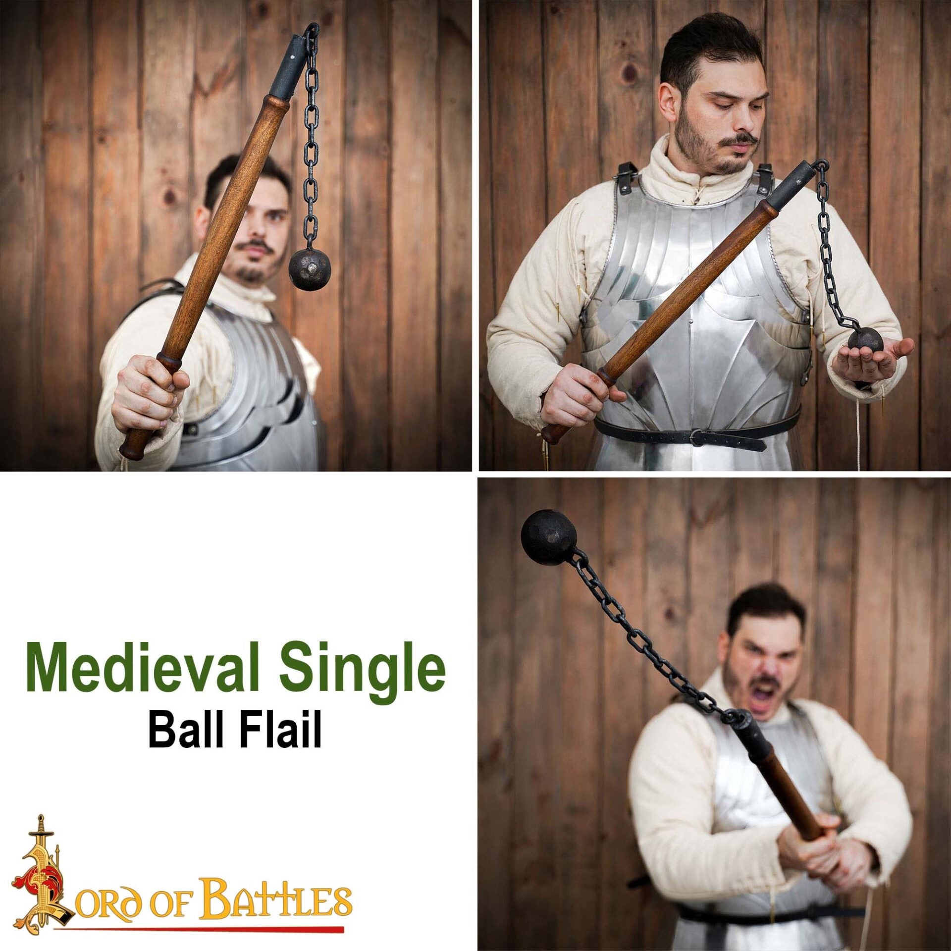 Maza de cadena medieval con bola de hierro y mango de madera - imagen 7