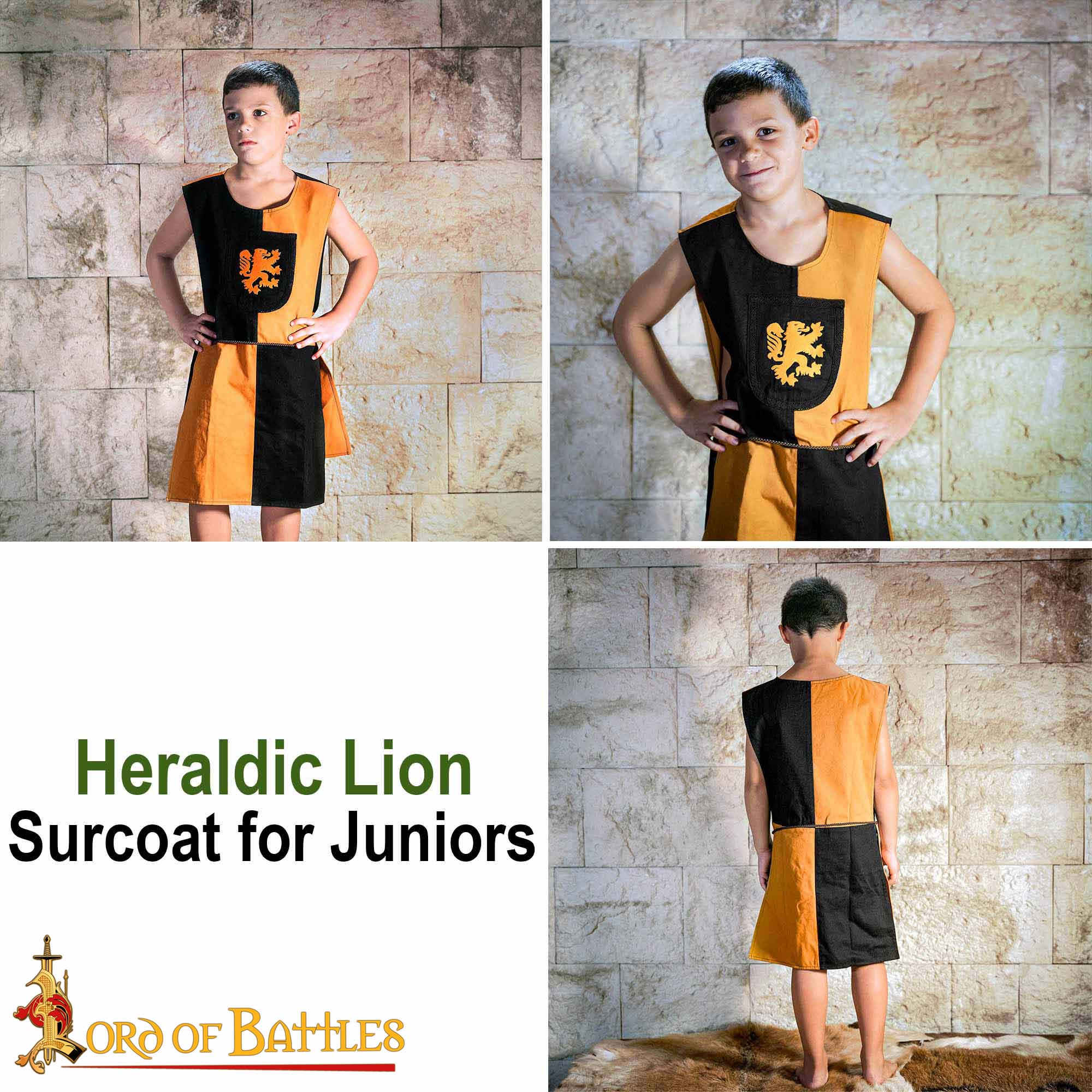 Tabardo infantil heráldico con león bordado - negro y amarillo - imagen 14