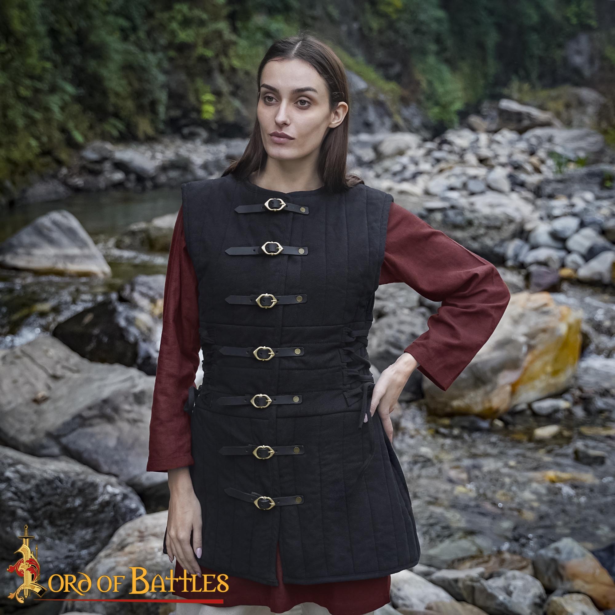 Gambesón Medieval para Mujer Acolchado Doble con Cordones Laterales