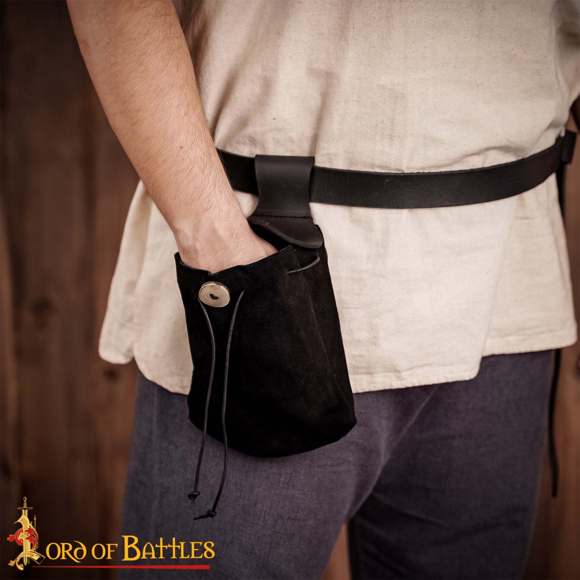 Bolsa de cinturón medieval en cuero y ante con botón de cuerno - imagen 7