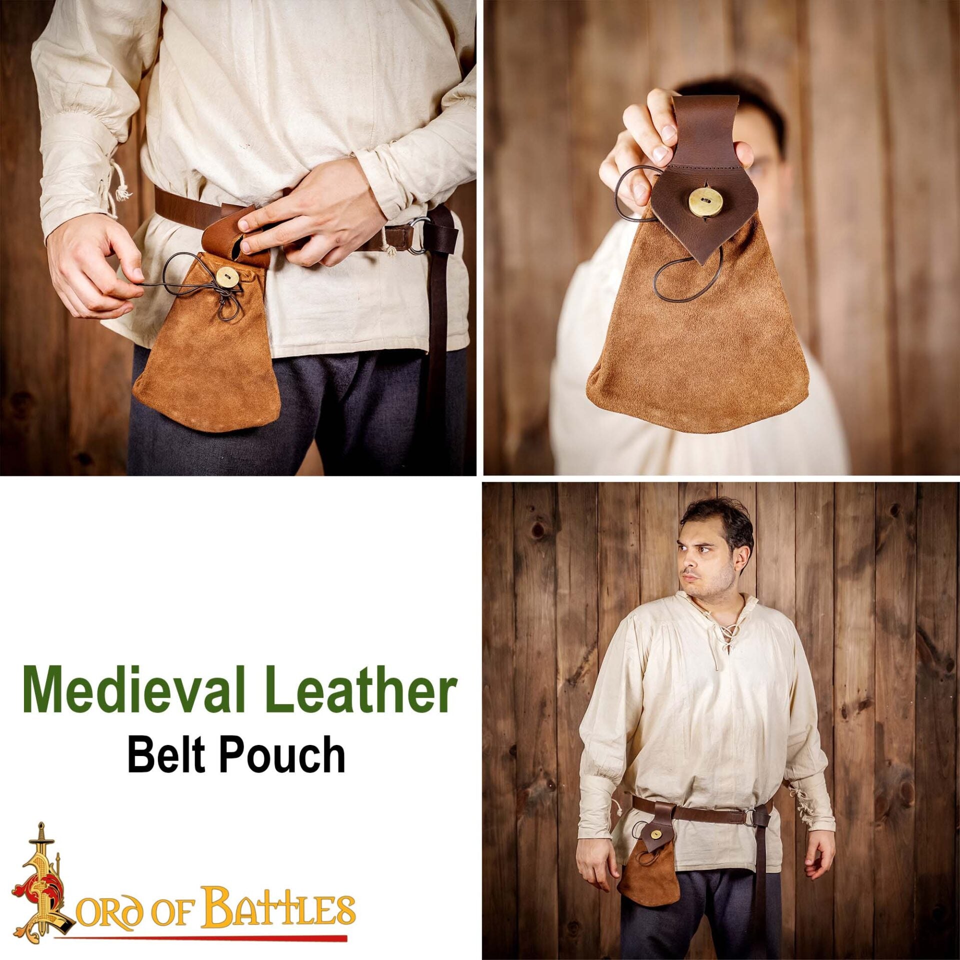 Bolsa de cinturón medieval en cuero y ante con botón de cuerno - imagen 13