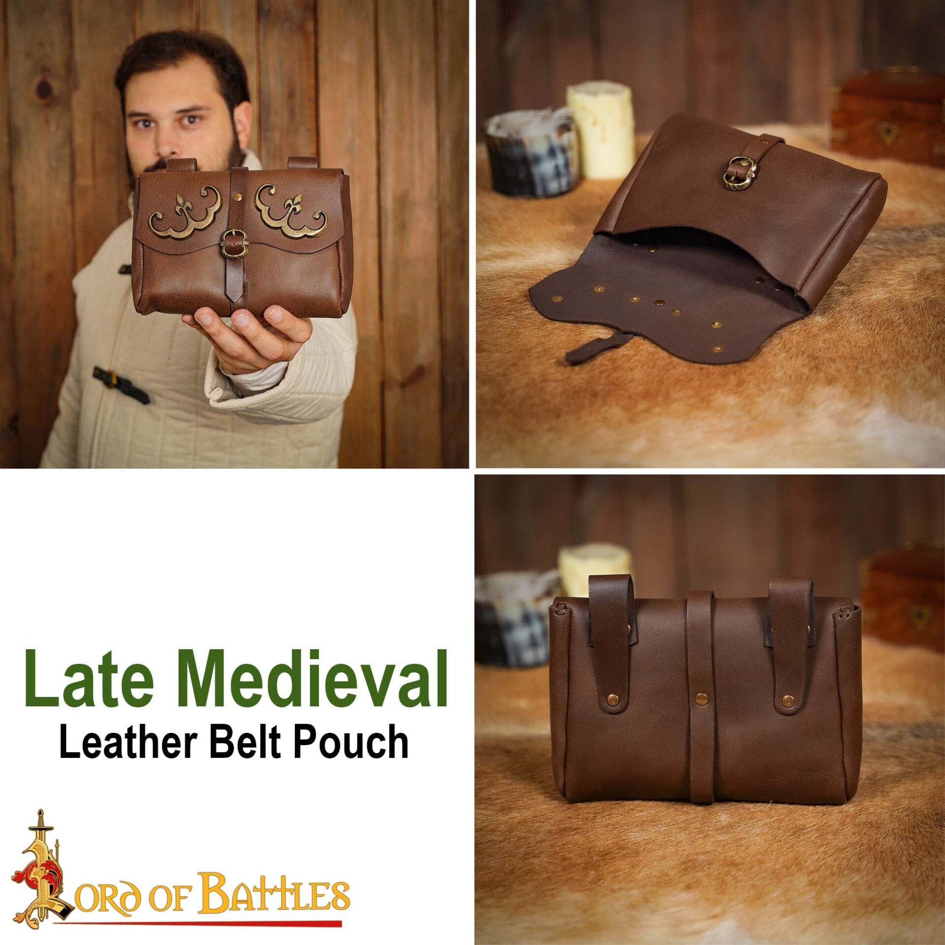 Imagen única de: Bolsa de cinturón medieval de cuero con adornos de latón