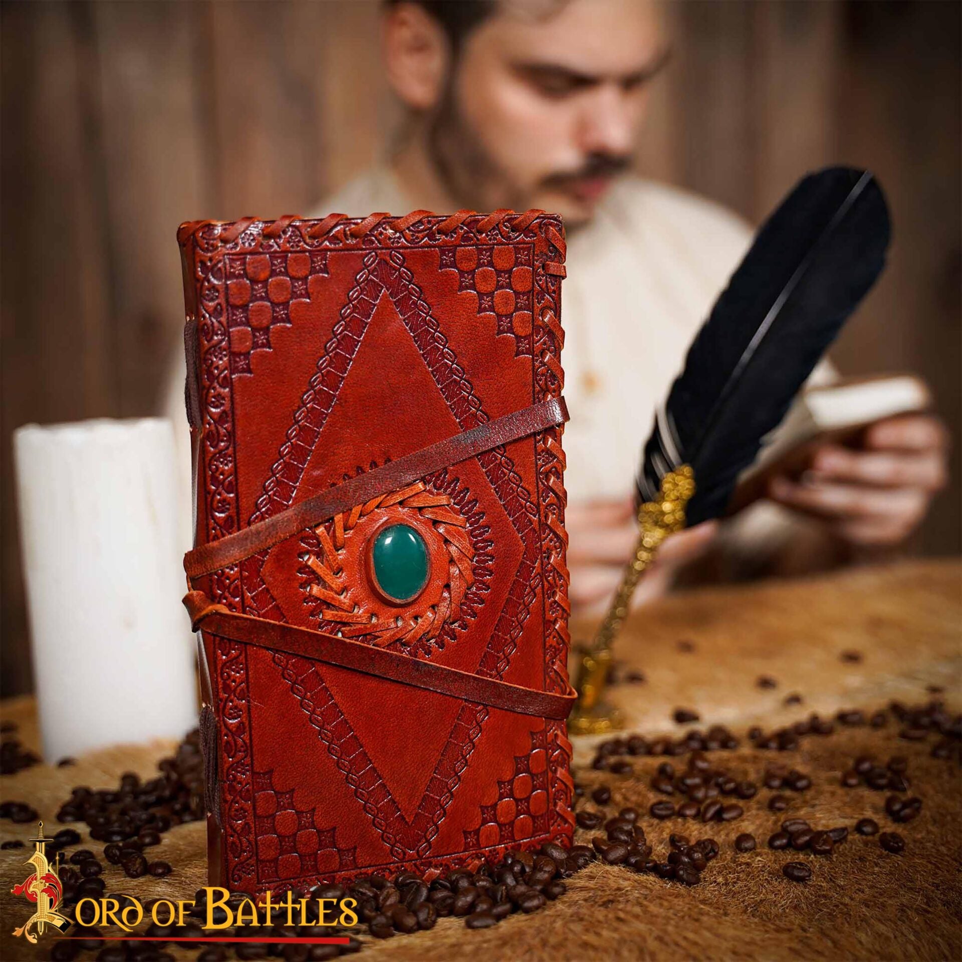 Diario medieval de cuero con piedra verde, hecho a mano