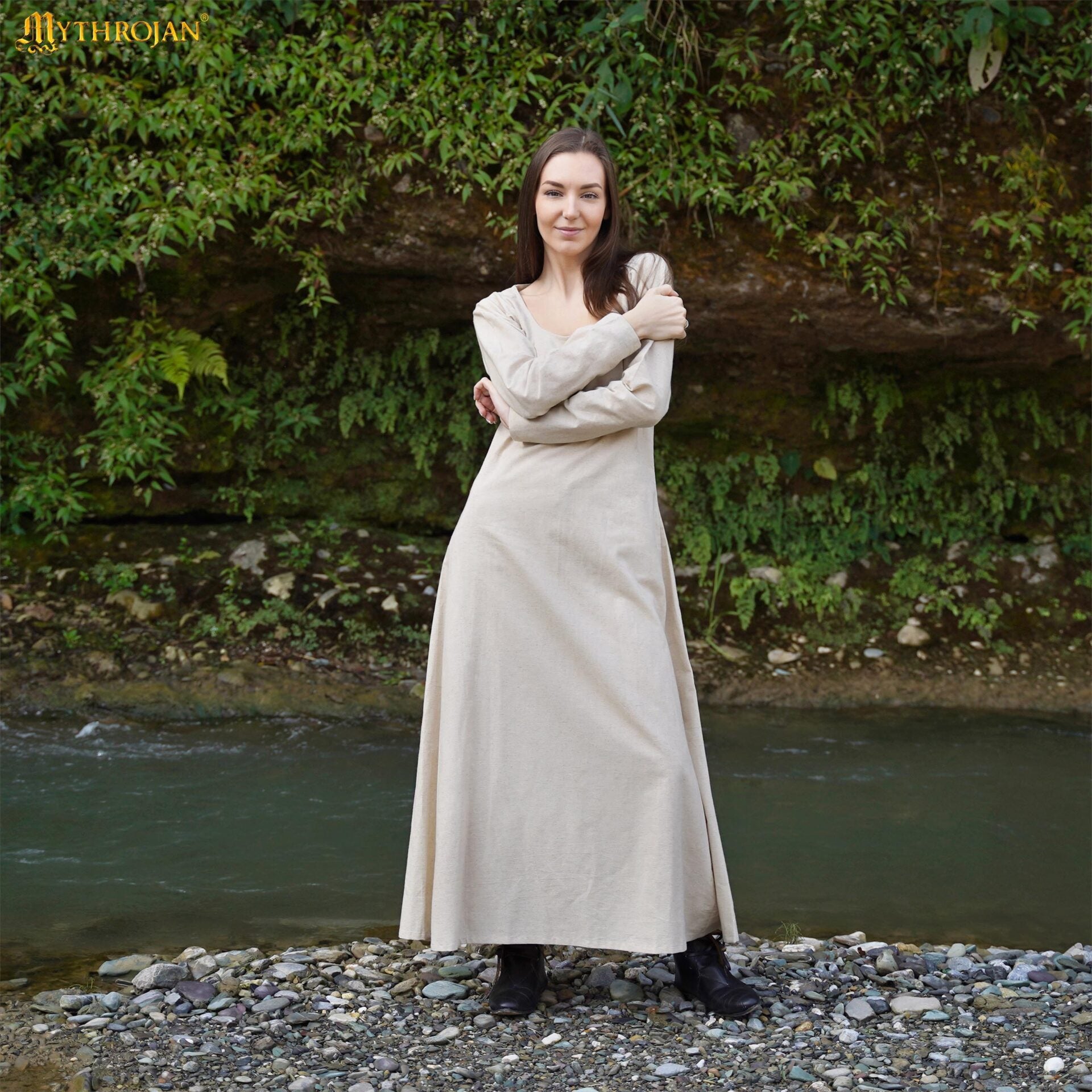Vestido interior medieval de lino, cuello redondo y mangas largas - imagen 3