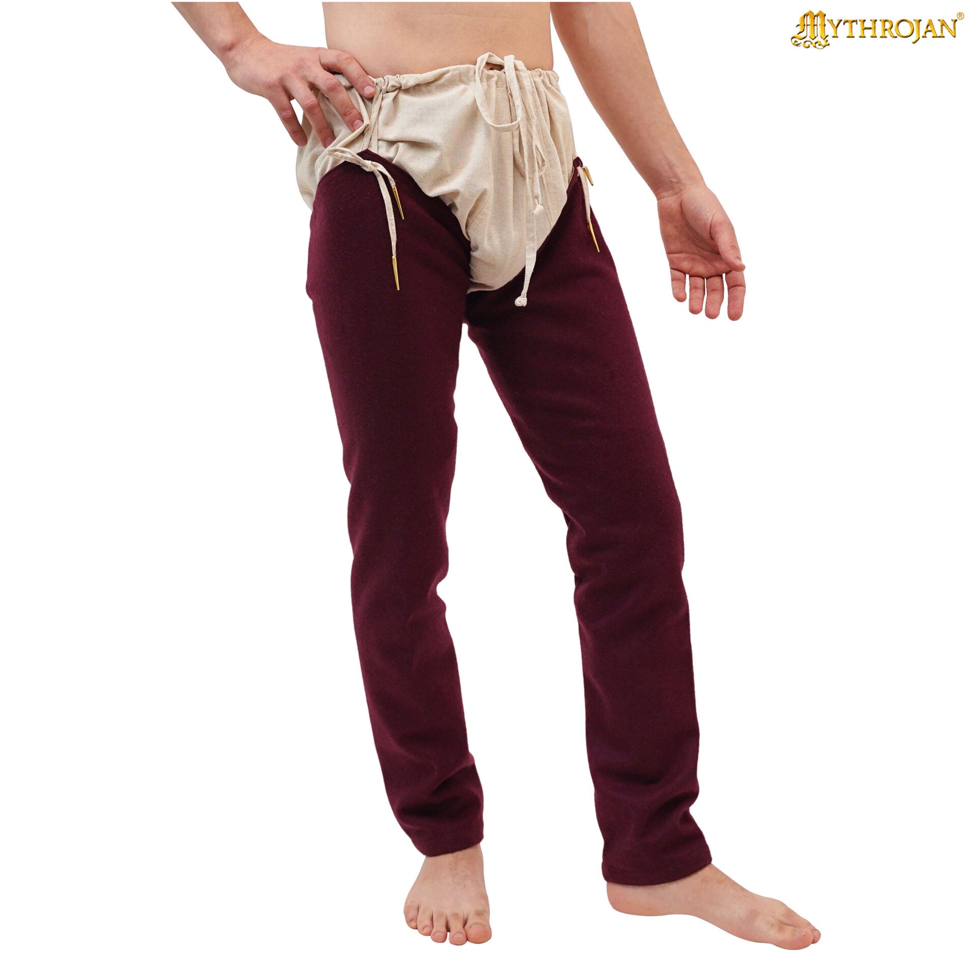 Calzas medievales de lana reciclada para hombre - rojo vino - imagen 4