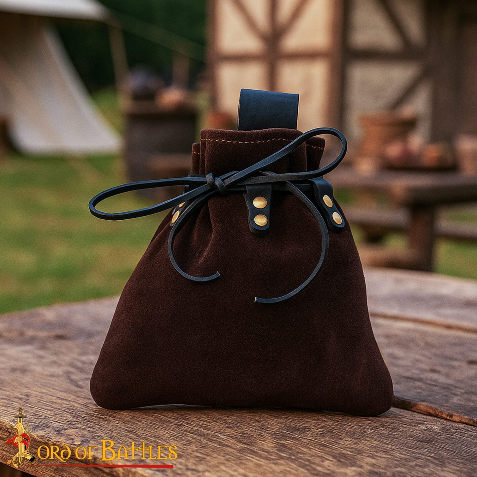 Bolsa de cinturón medieval en cuero con cierre de cordón - Marrón