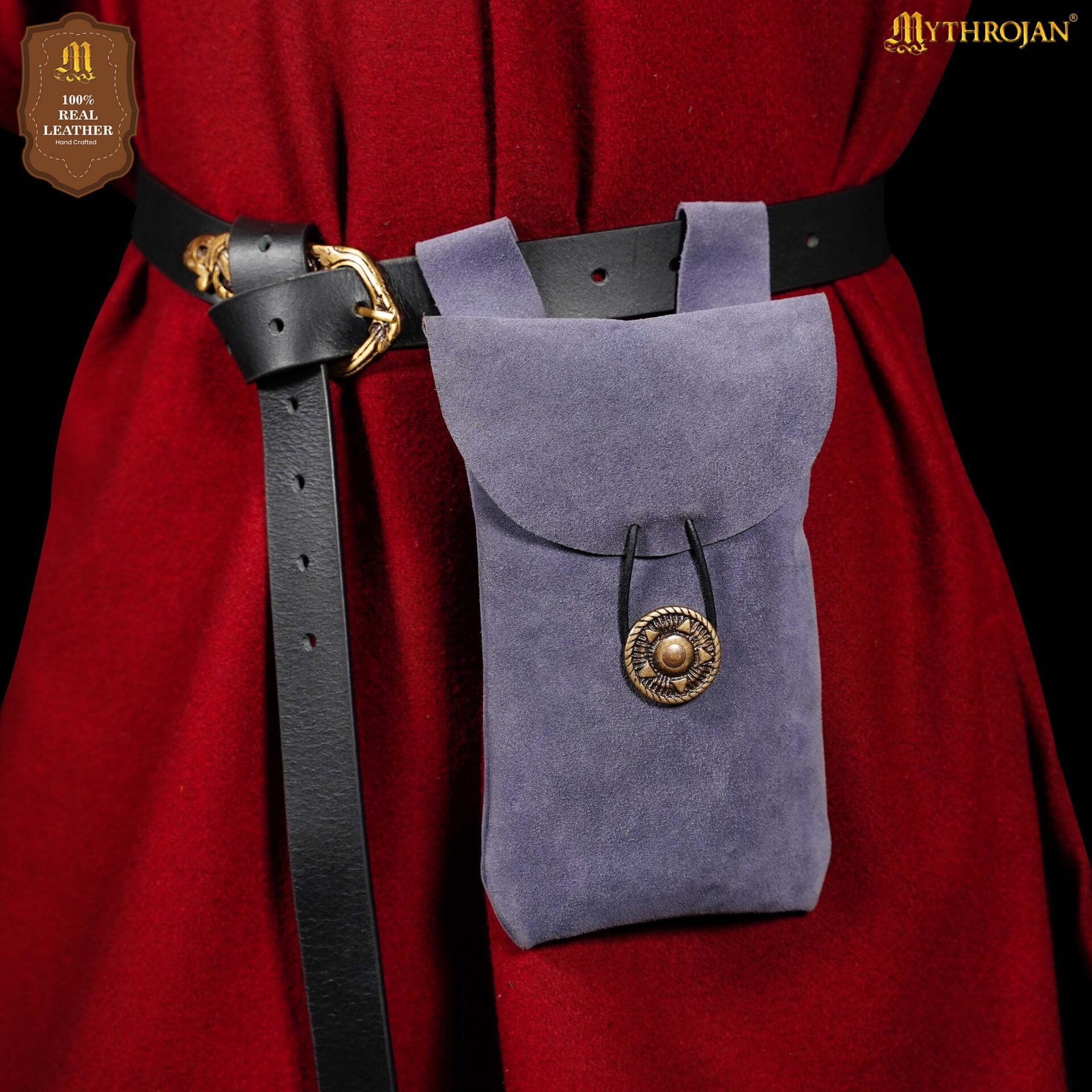 Bolsa de cinturón de gamuza Mythrojan con botón de latón - Azul oscuro