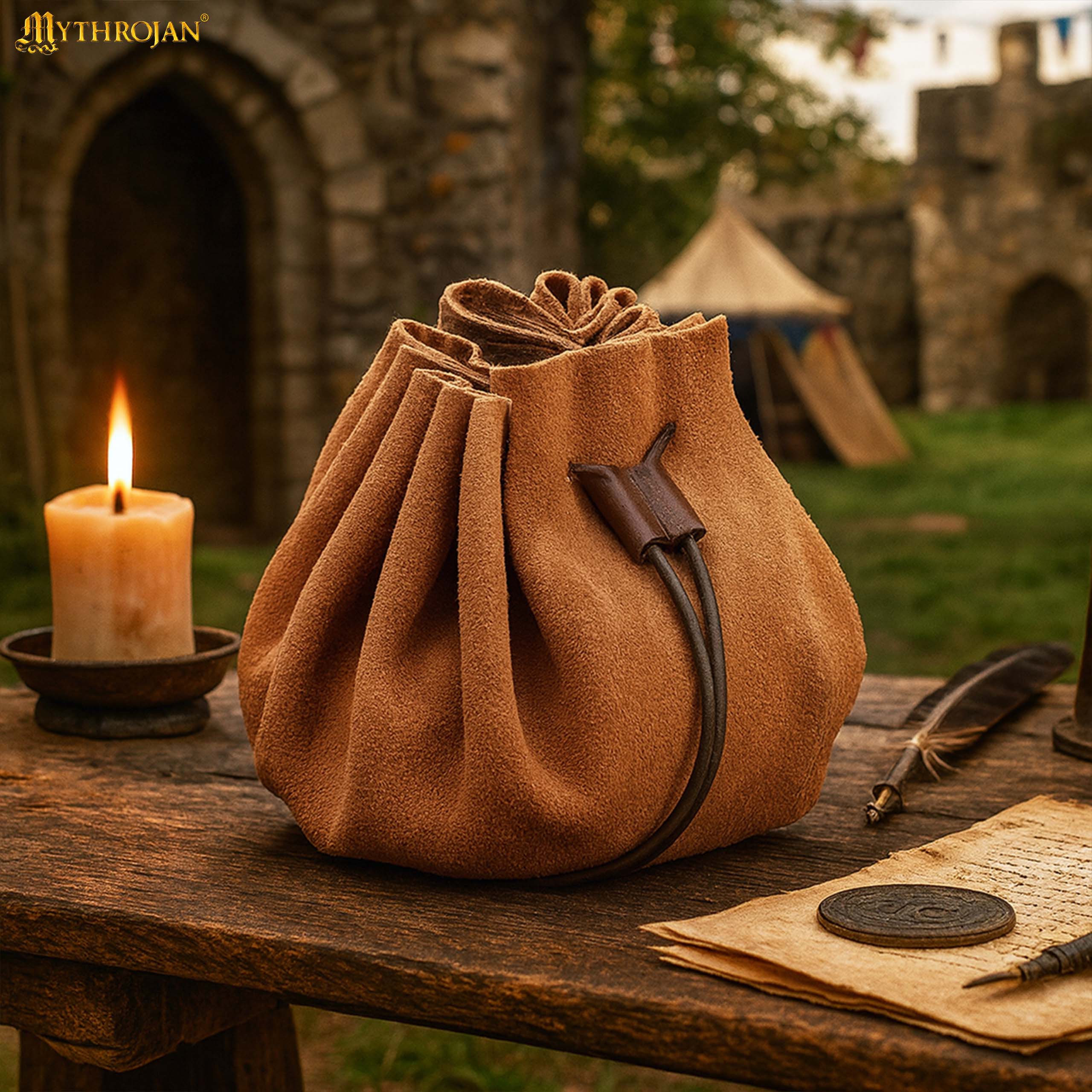 Imagen única de: Bolsa medieval de ante con cordón para monedas y dados