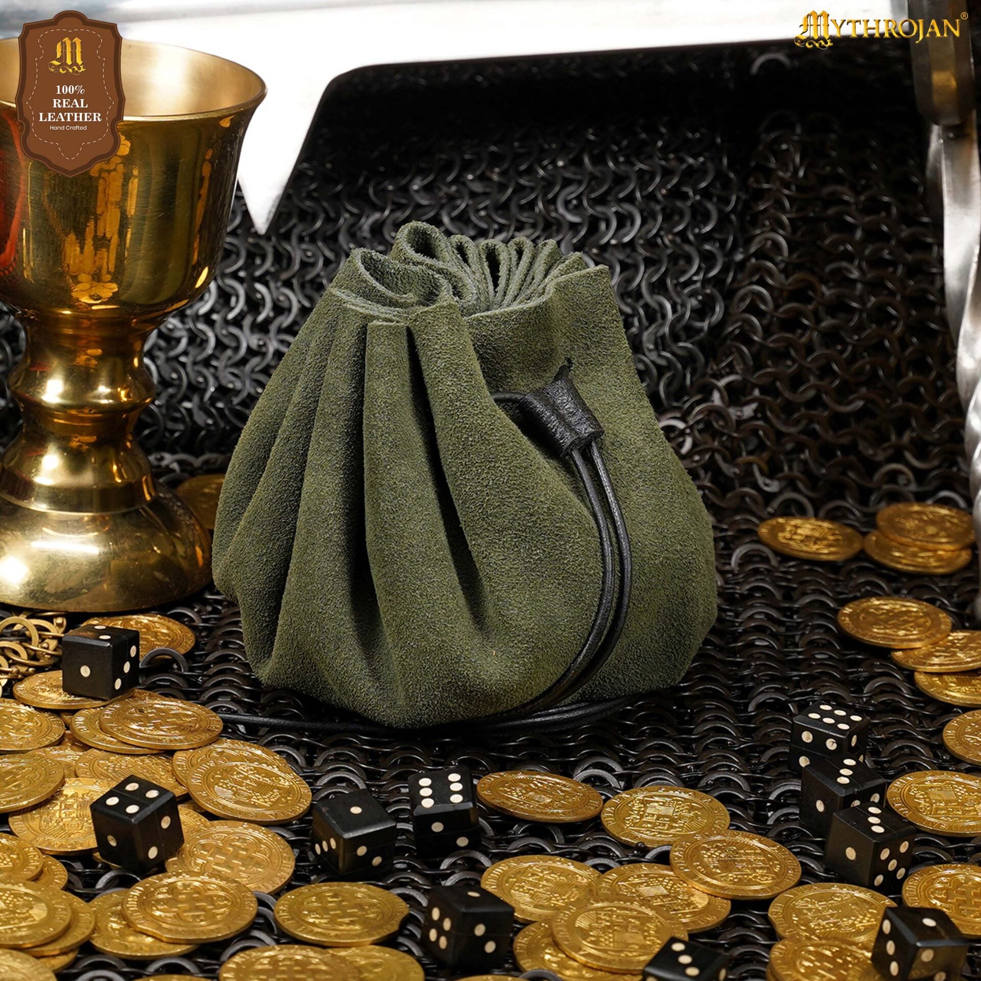 Imagen única de: Bolsa medieval de ante con cordón para monedas y dados