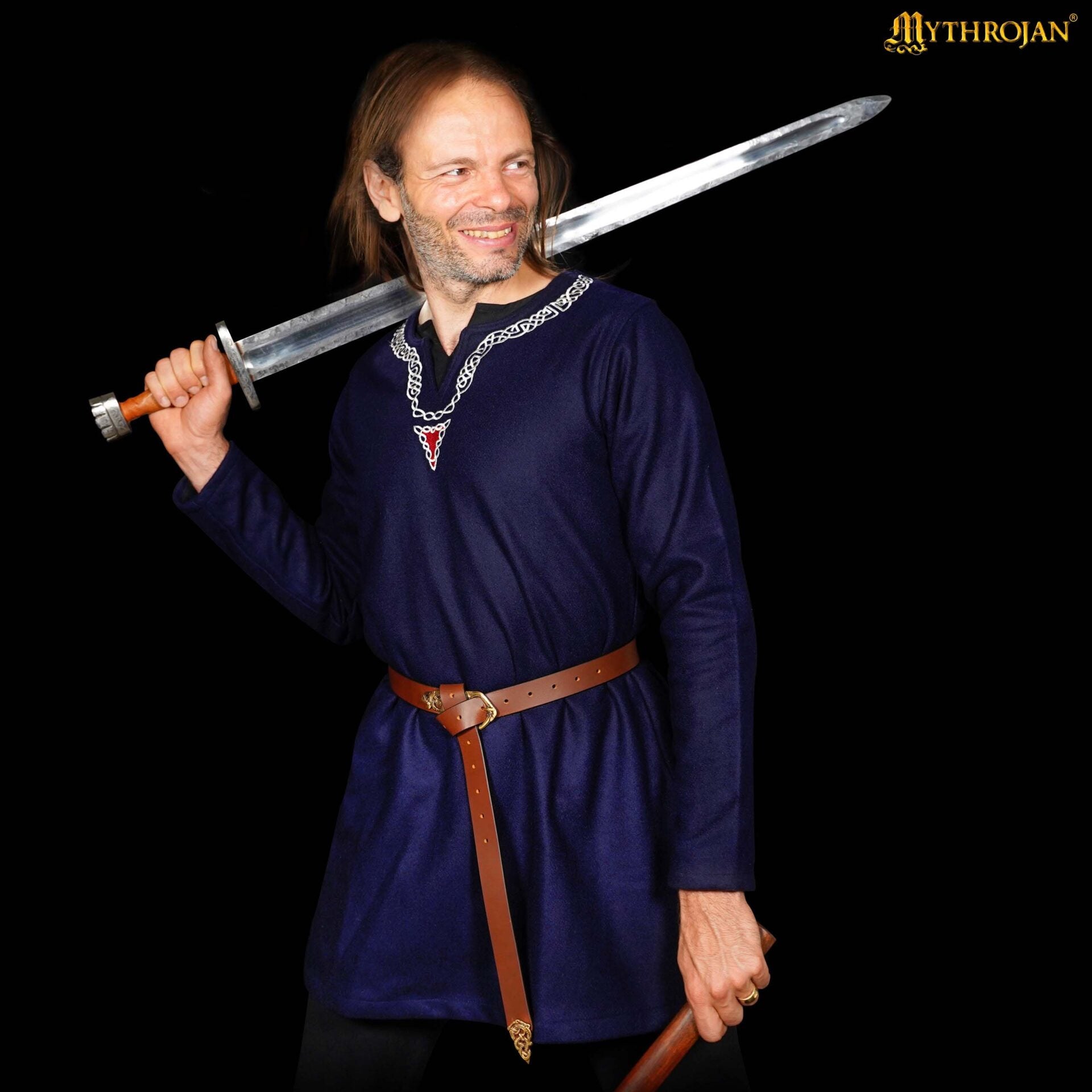Túnica medieval de lana con bordado - Azul marino - L