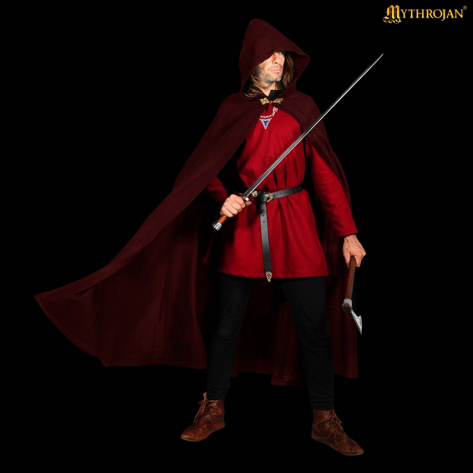 Capa medieval con capucha de lana y broche de latón macizo - Marrón