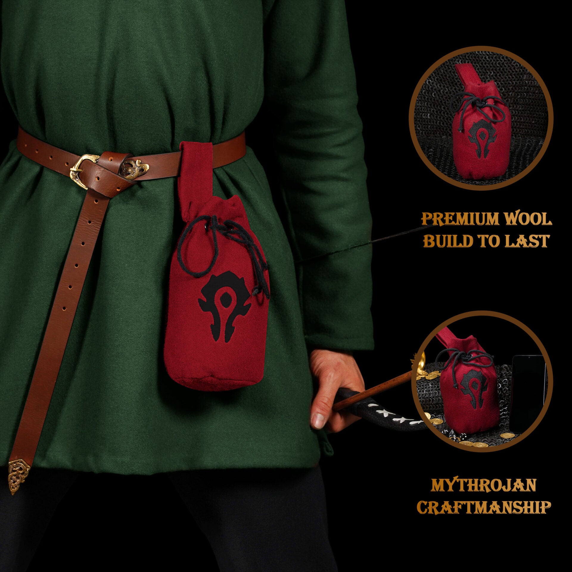 Bolsa de lana «For the Horde» con cordón — granate, 8" × 6.5" - imagen 5