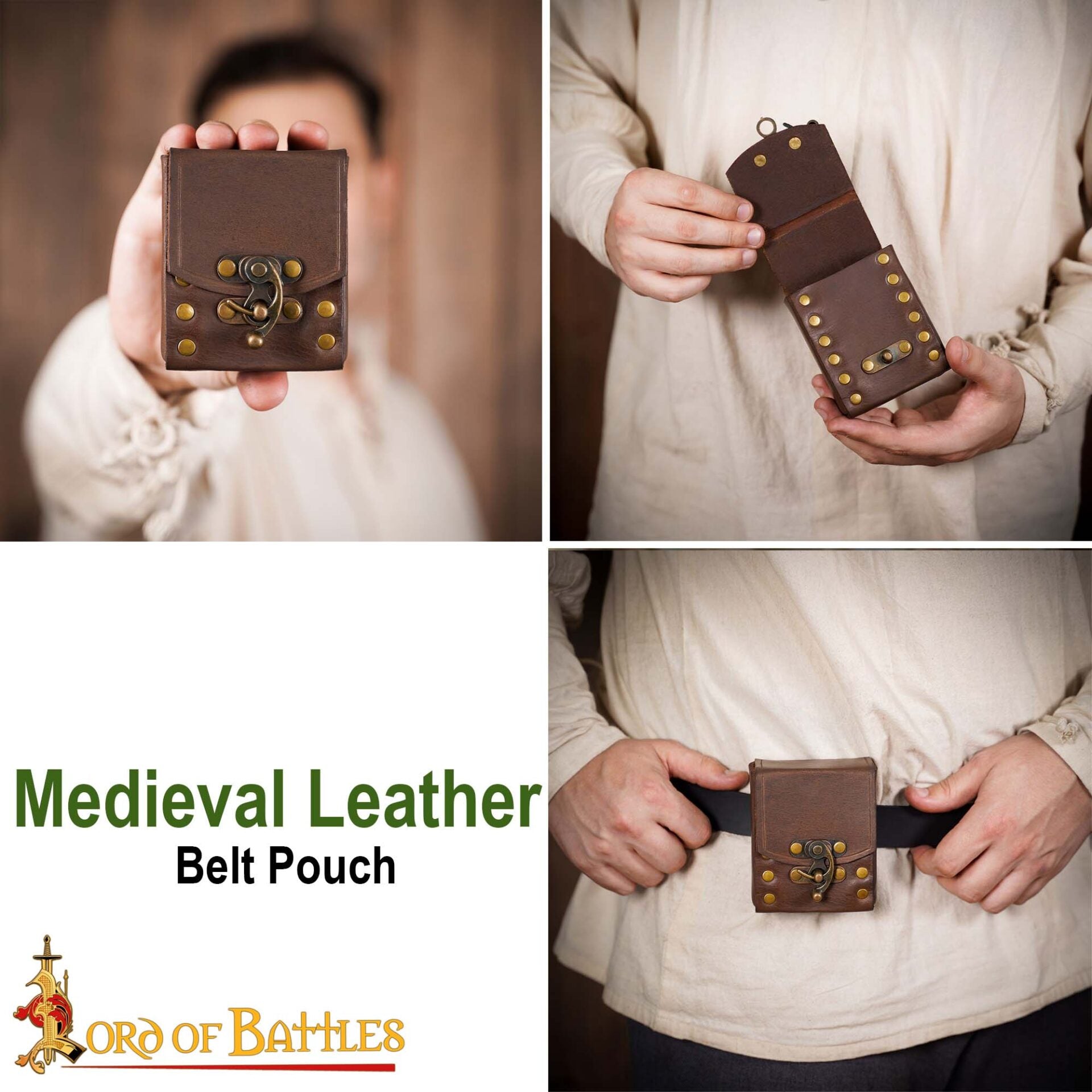 Bolsa de cinturón medieval en cuero 3 mm con broche de latón antiguo - imagen 10