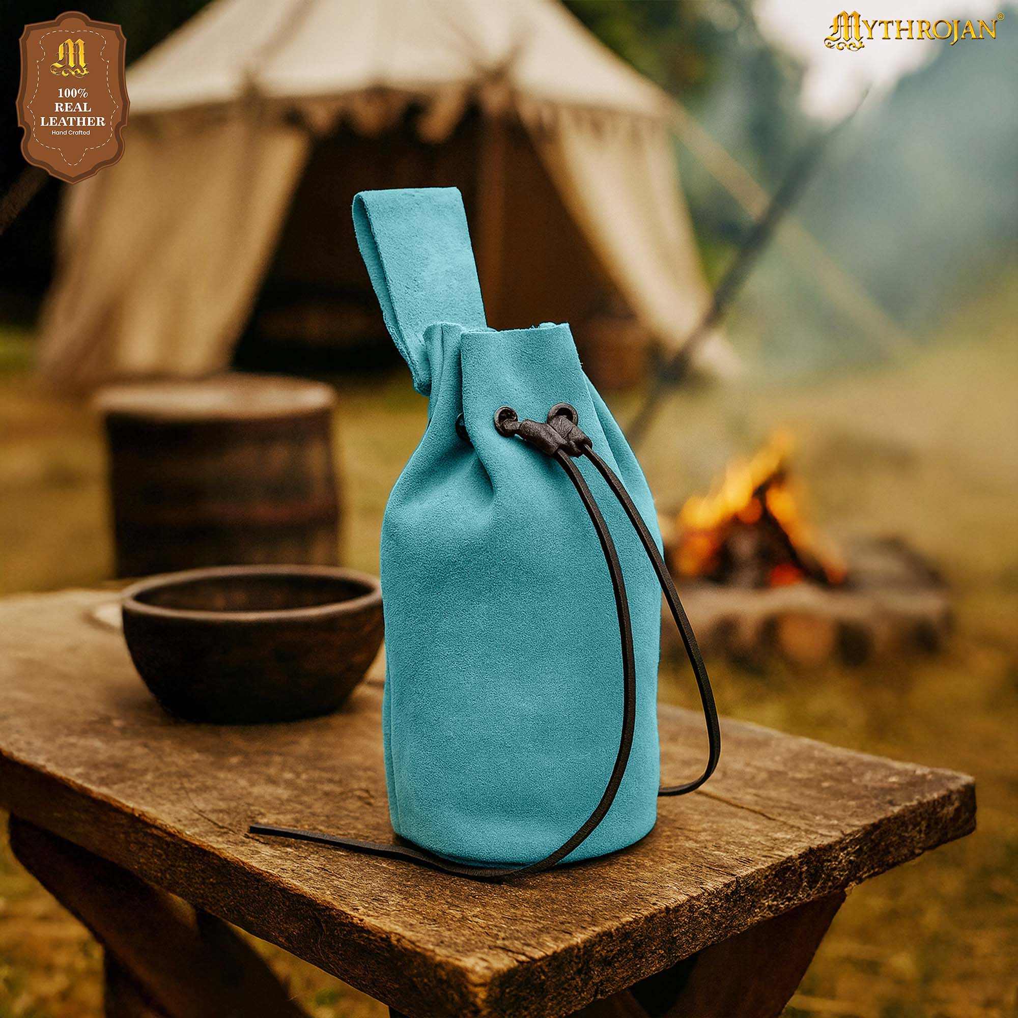Bolsa de cordón de ante — Monedero medieval - Azul claro - Modelo 300115