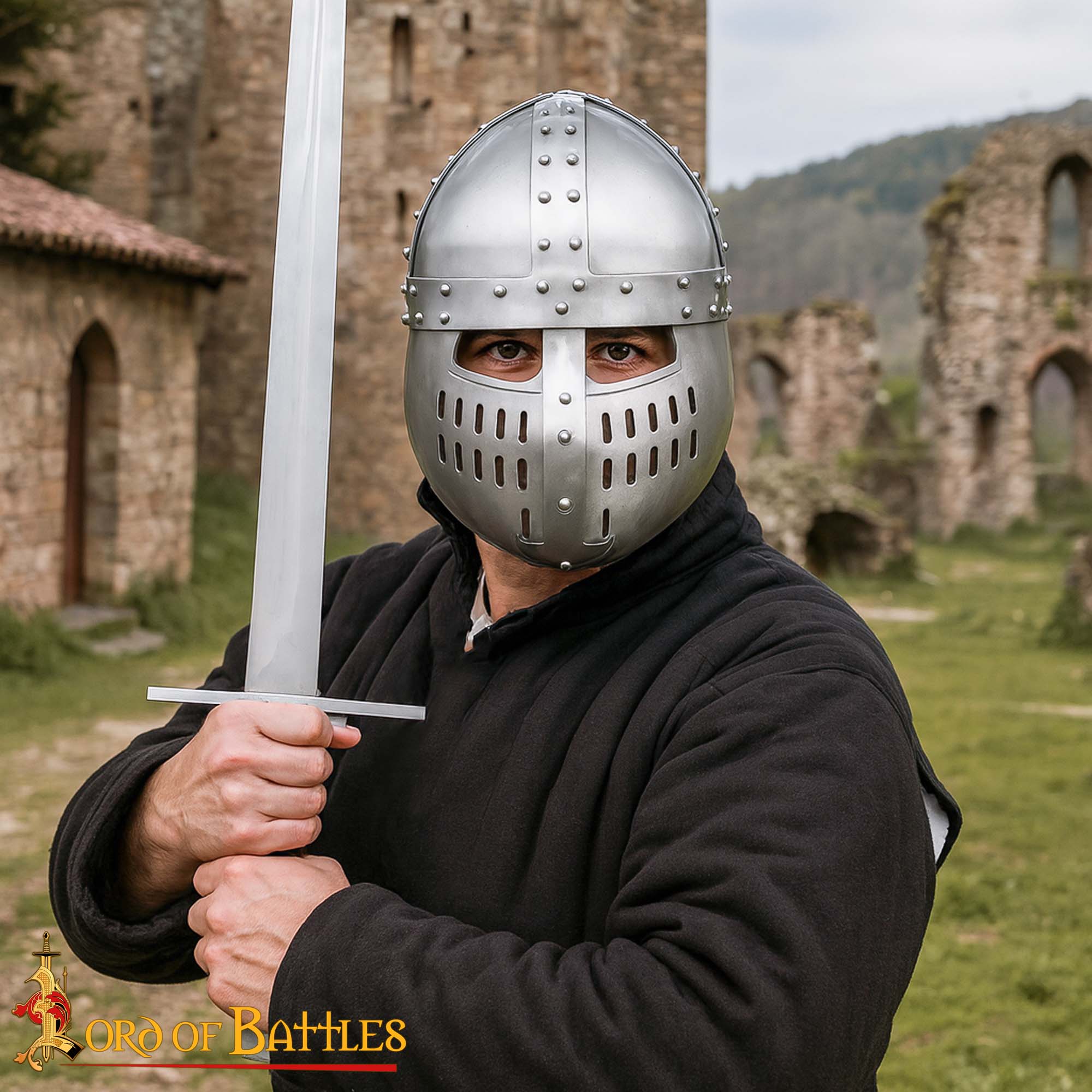 Imagen única de: Yelmo Spangenhelm normando con protector facial y forro de cuero