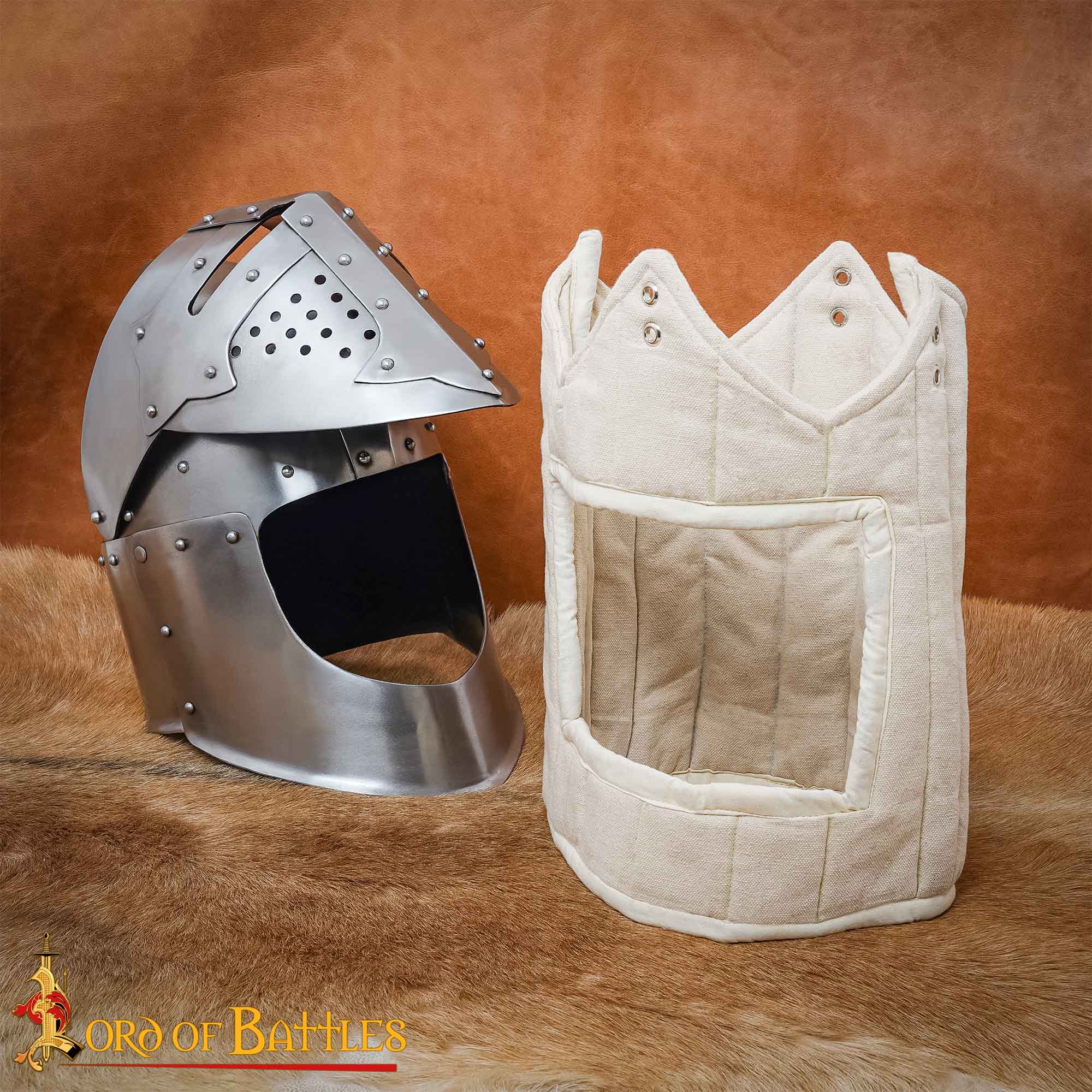 Forro acolchado medieval para casco, lona con cordón de cuero - Crudo