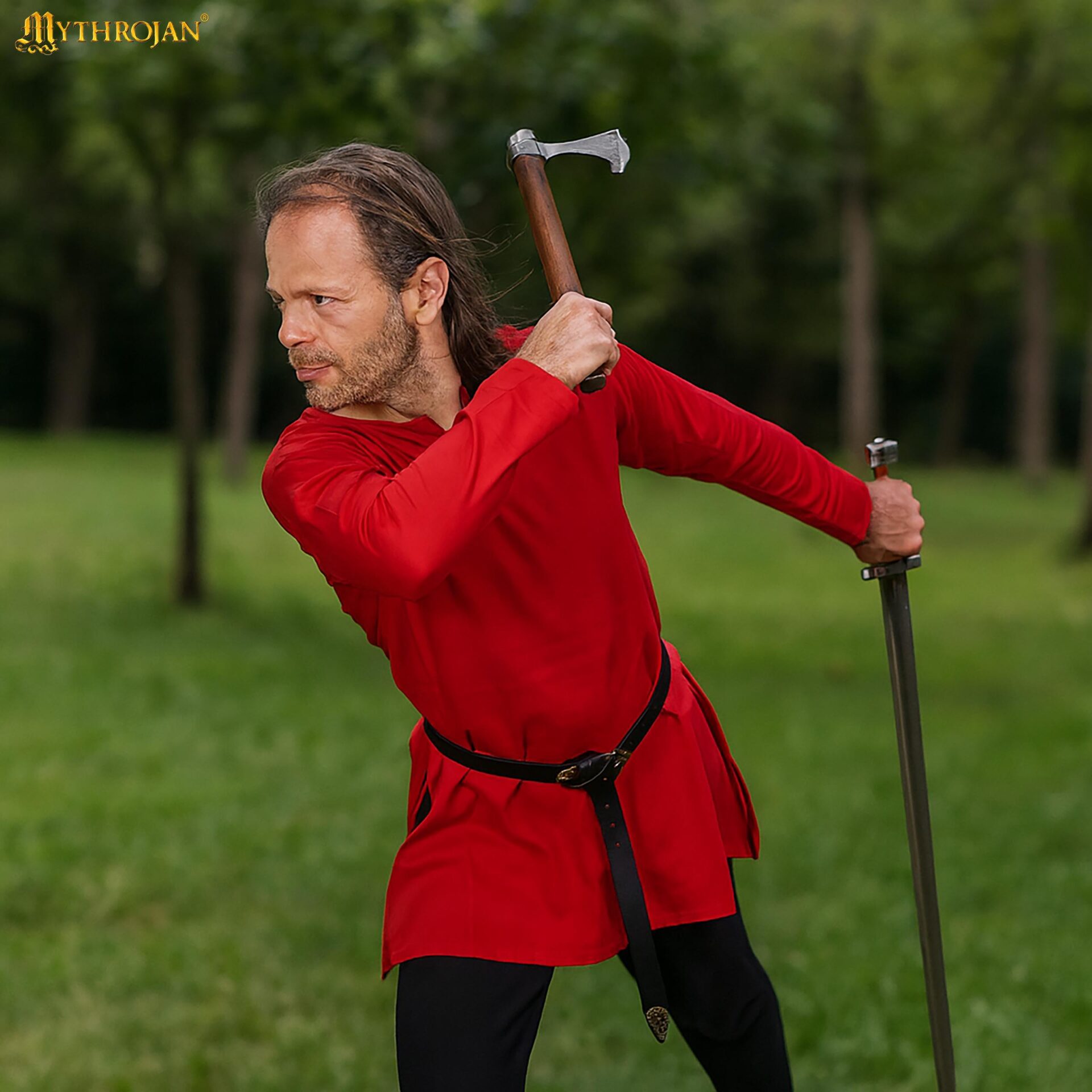 Túnica vikinga de algodón — Camisa renacentista nórdica - Rojo - XXL