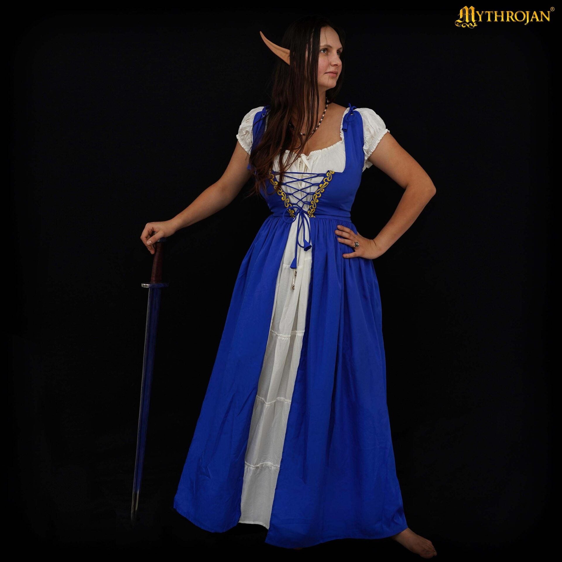 Vestido medieval irlandés bordado con chemise blanca — Renacentista para LARP y ferias